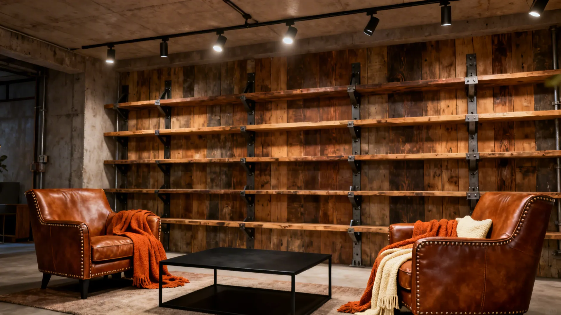 Warm industrial living room with cognac leather chairs, reclaimed wood shelving, and ambient track lighting.