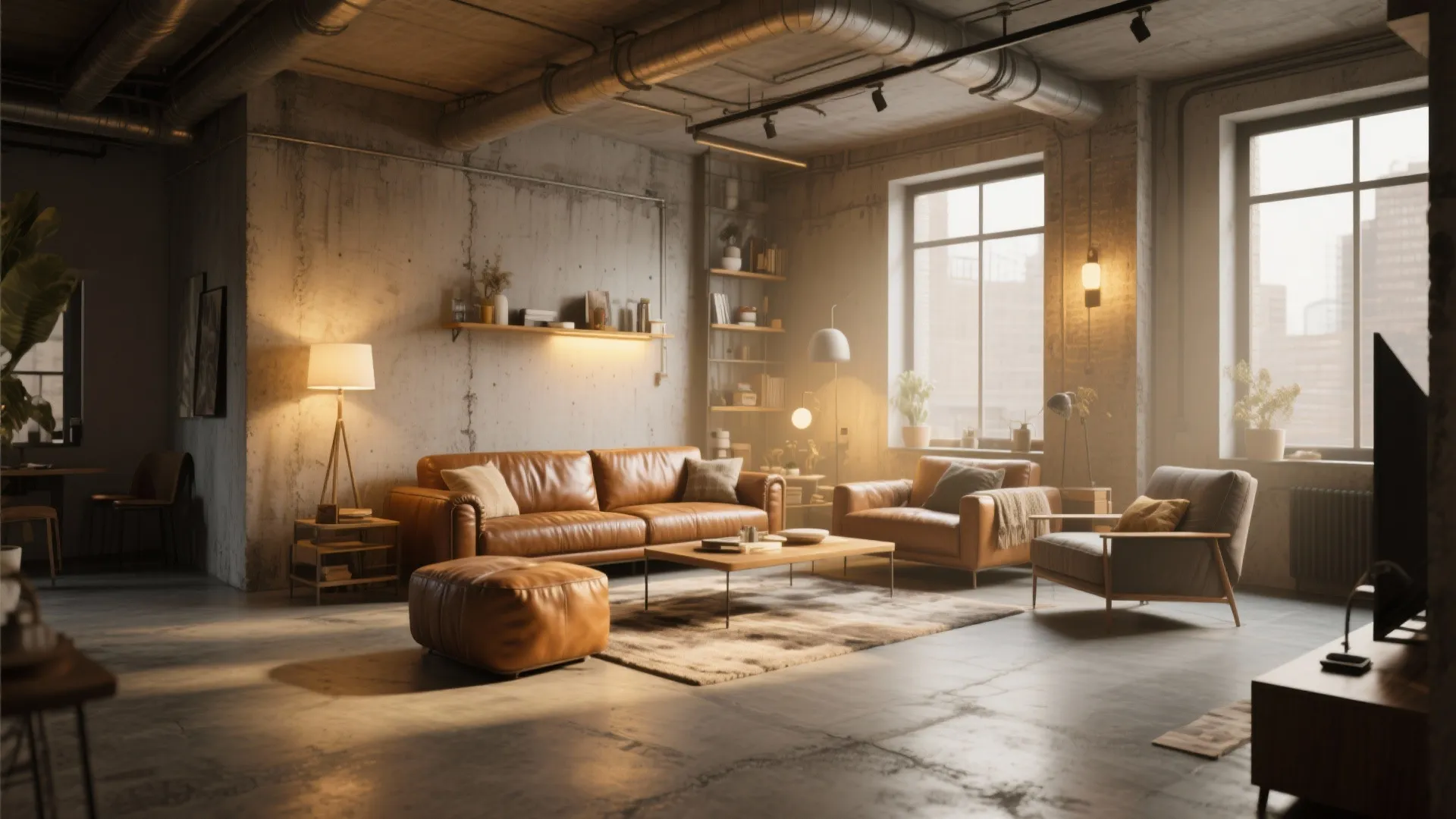 Industrial living room with brown leather sofa matching footrest floor lamp and concrete wall design