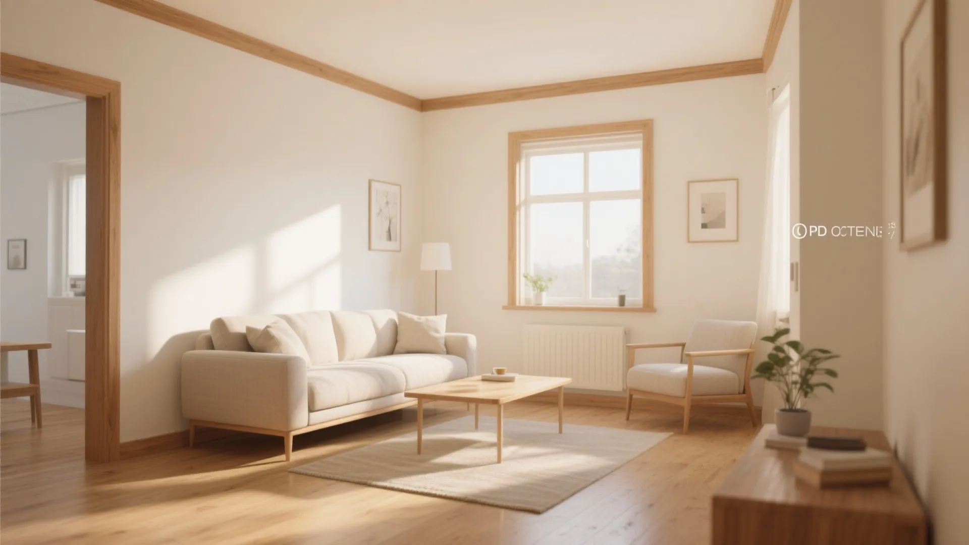 Bright ivory living room featuring cream sofa wooden coffee table armchair large window and sunlight