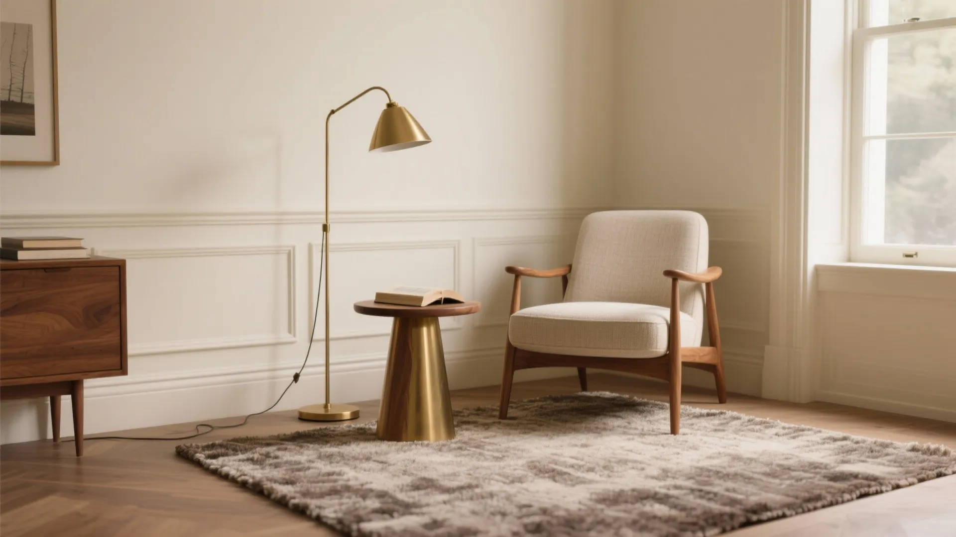 Cozy reading corner with beige armchair, gold floor lamp, small side table, rug, and cabinet