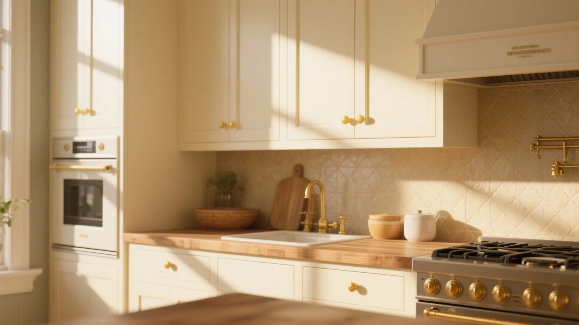Warm ivory cabinets under midday light with wood counters and brass hardware