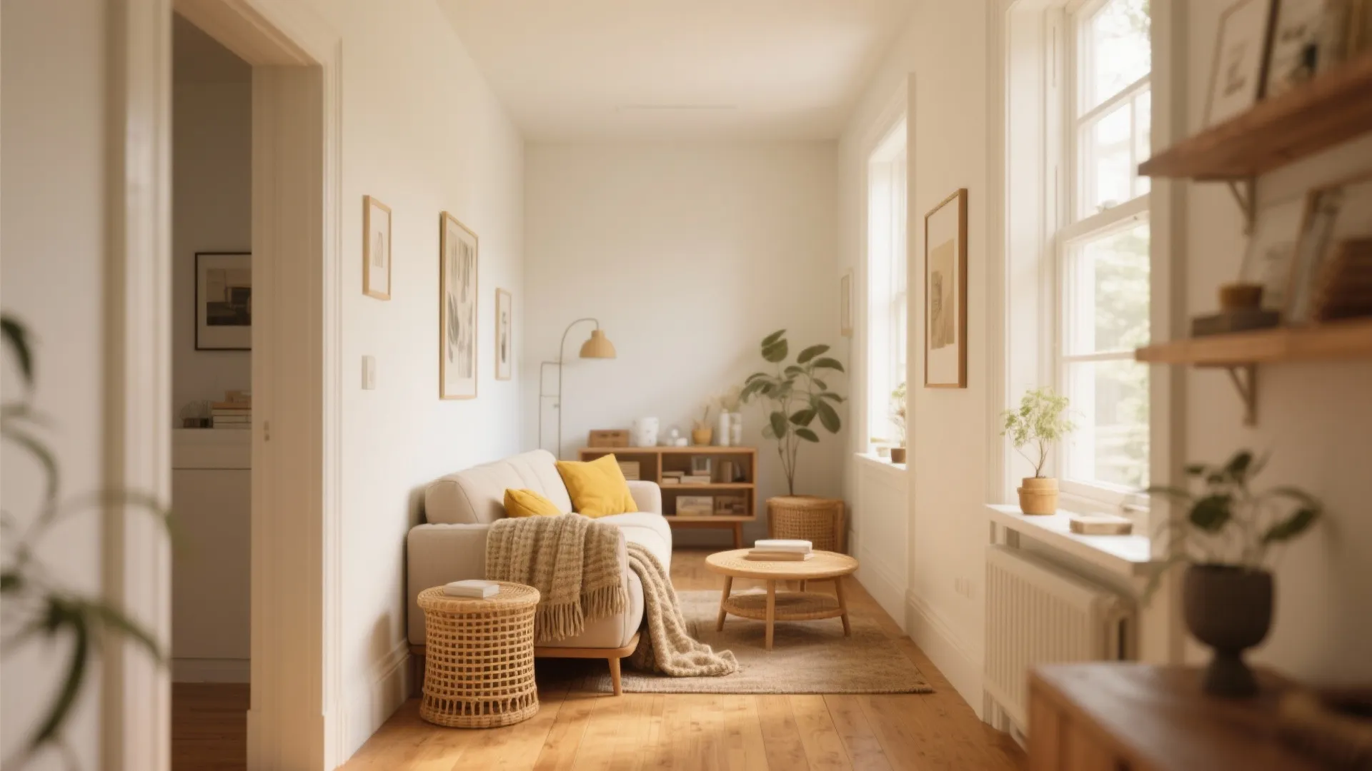 1. Warm Ivory to Cozy a Narrow Living Room