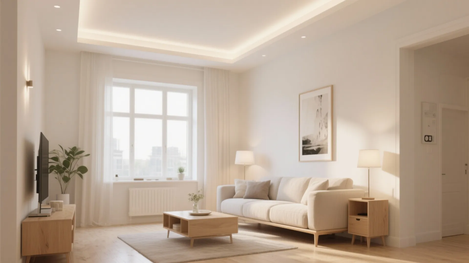 Bright modern living room featuring white sofa, wooden coffee table, large window, and warm lighting