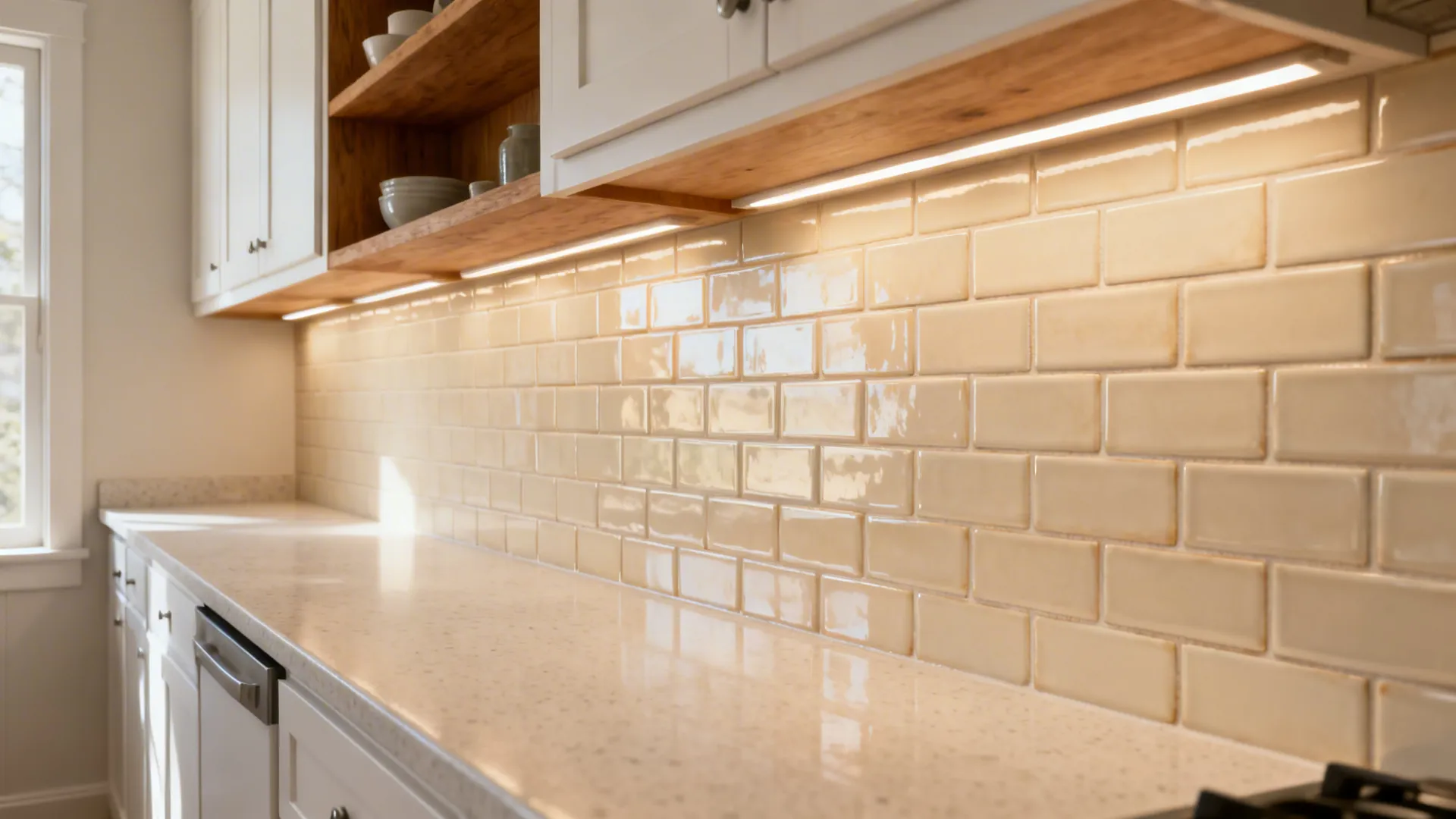 Warm ivory satin subway tile backsplash in a small galley kitchen with oak shelves.