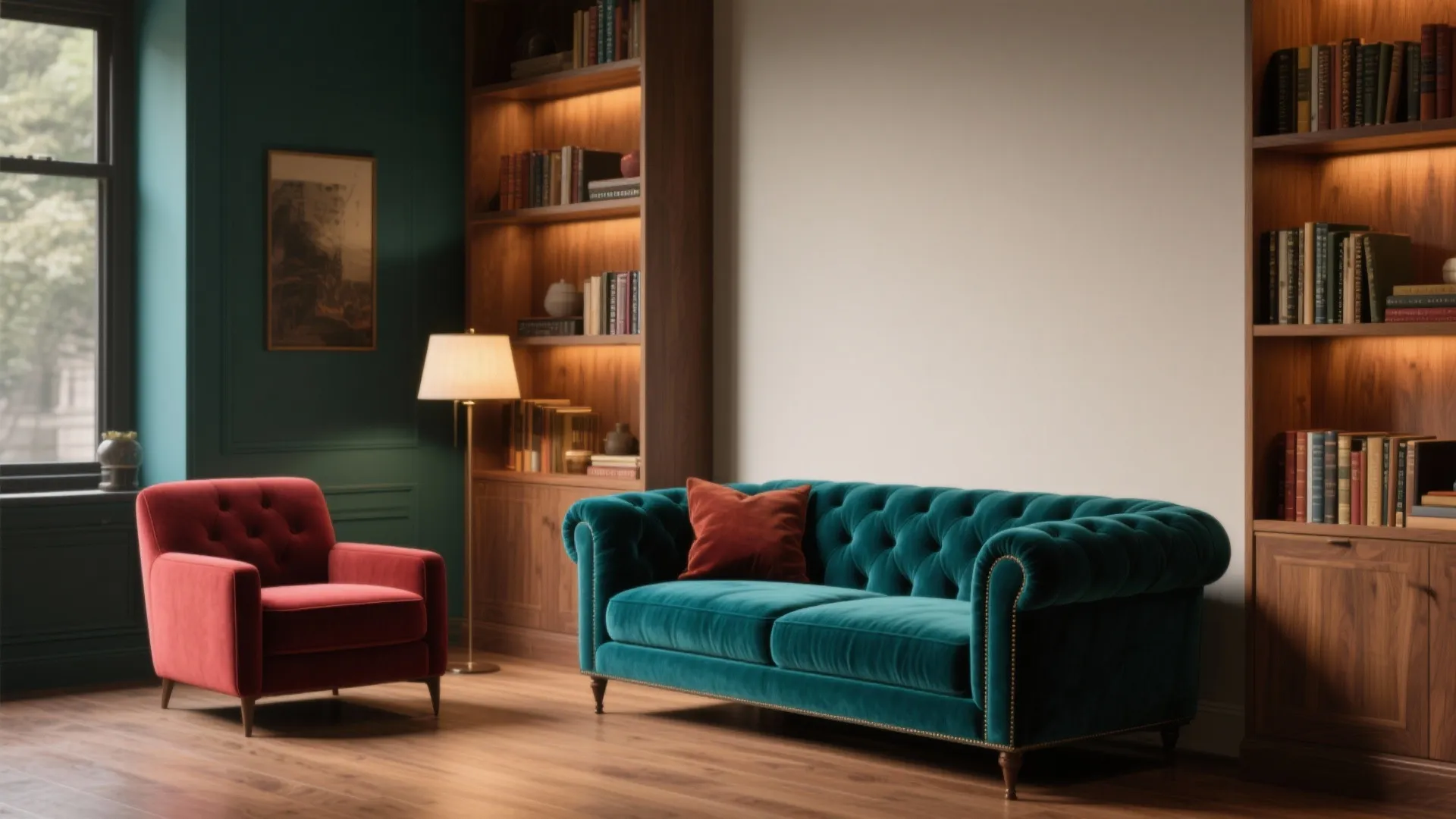 Elegant living room with green sofa, red armchair, wood floor, floor lamp, and filled bookcases