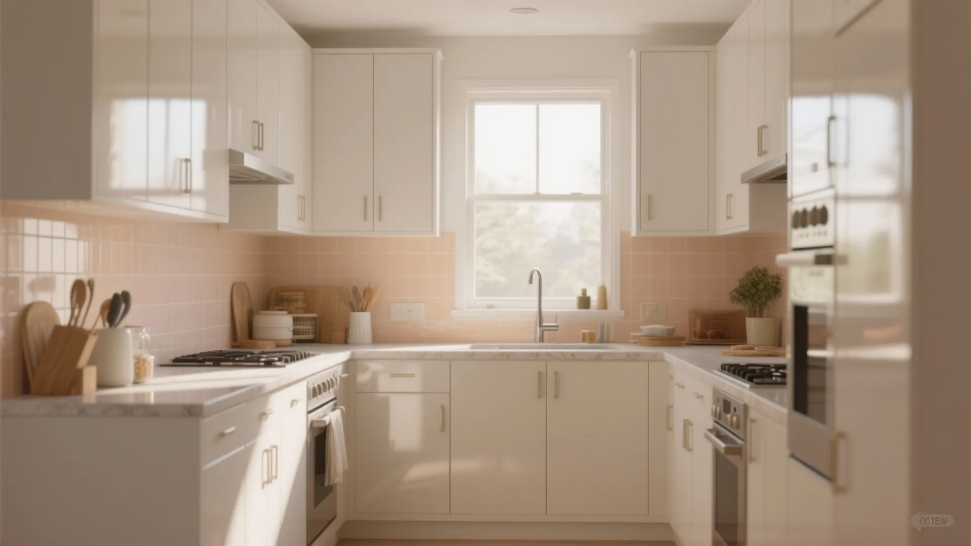 White u-shaped kitchen with pink wall tile marble countertop sunny window and wooden floor design drawing