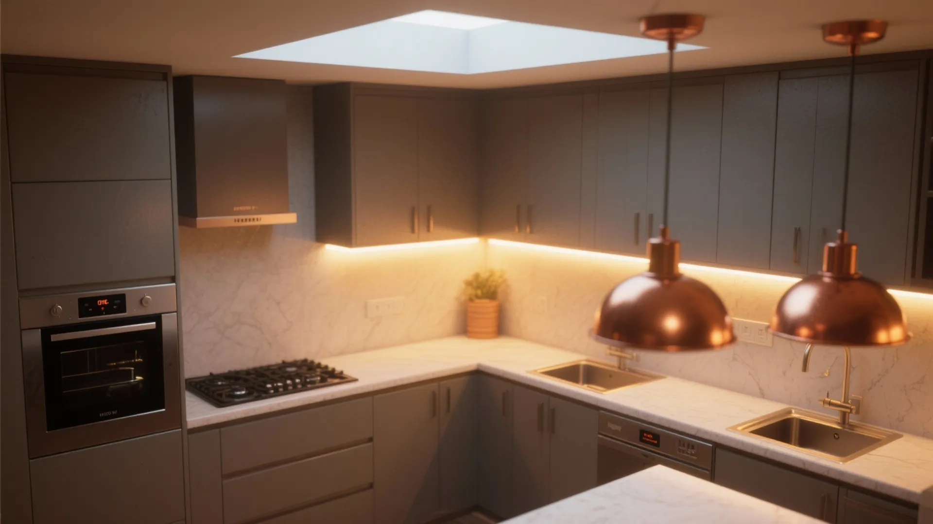 Modern kitchen with grey cabinets white marble countertops copper ceiling lights and warm hidden lighting