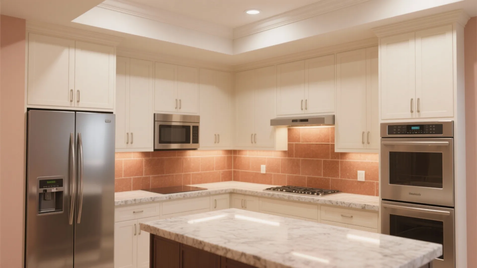 Modern kitchen with white cabinets marble island stainless steel appliances and warm brick wall tiles design