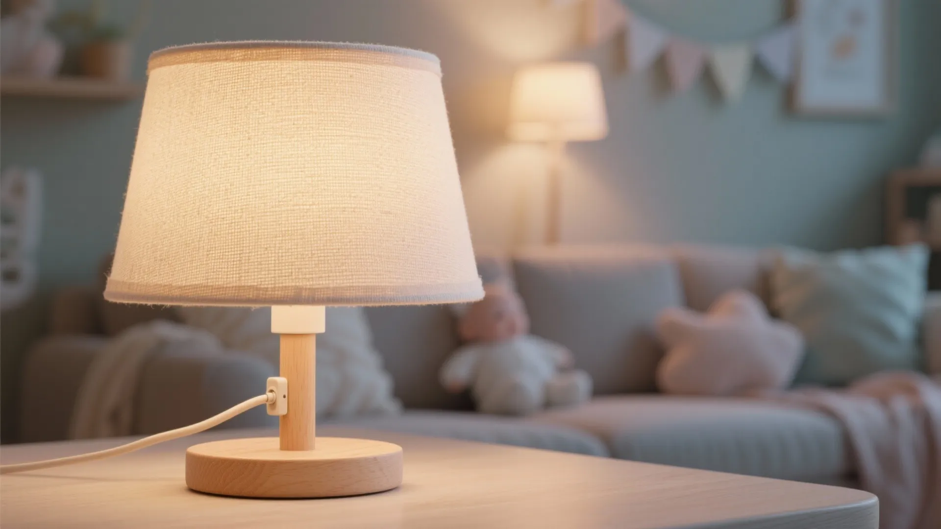 Macro of warm linen lampshade and tidy cable clips creating a cozy, sleep-friendly baby welcome decoration atmosphere.