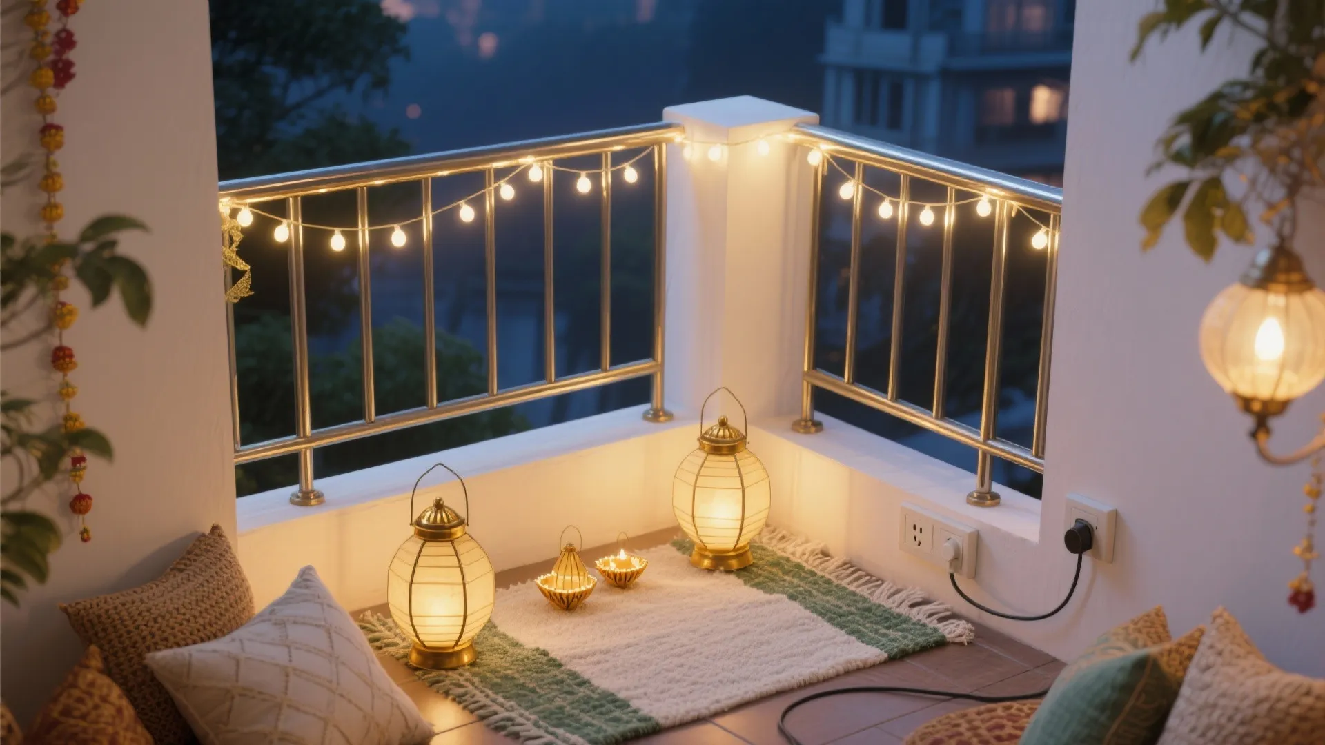 1. Layered warm lights with lantern accents