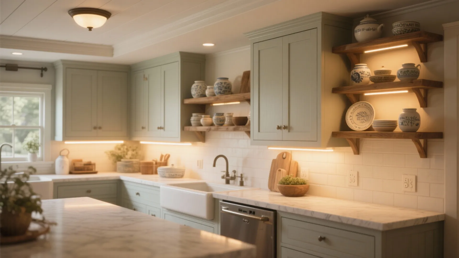 Green kitchen cabinets with marble countertops wooden wall shelves and warm light fixtures under cupboards