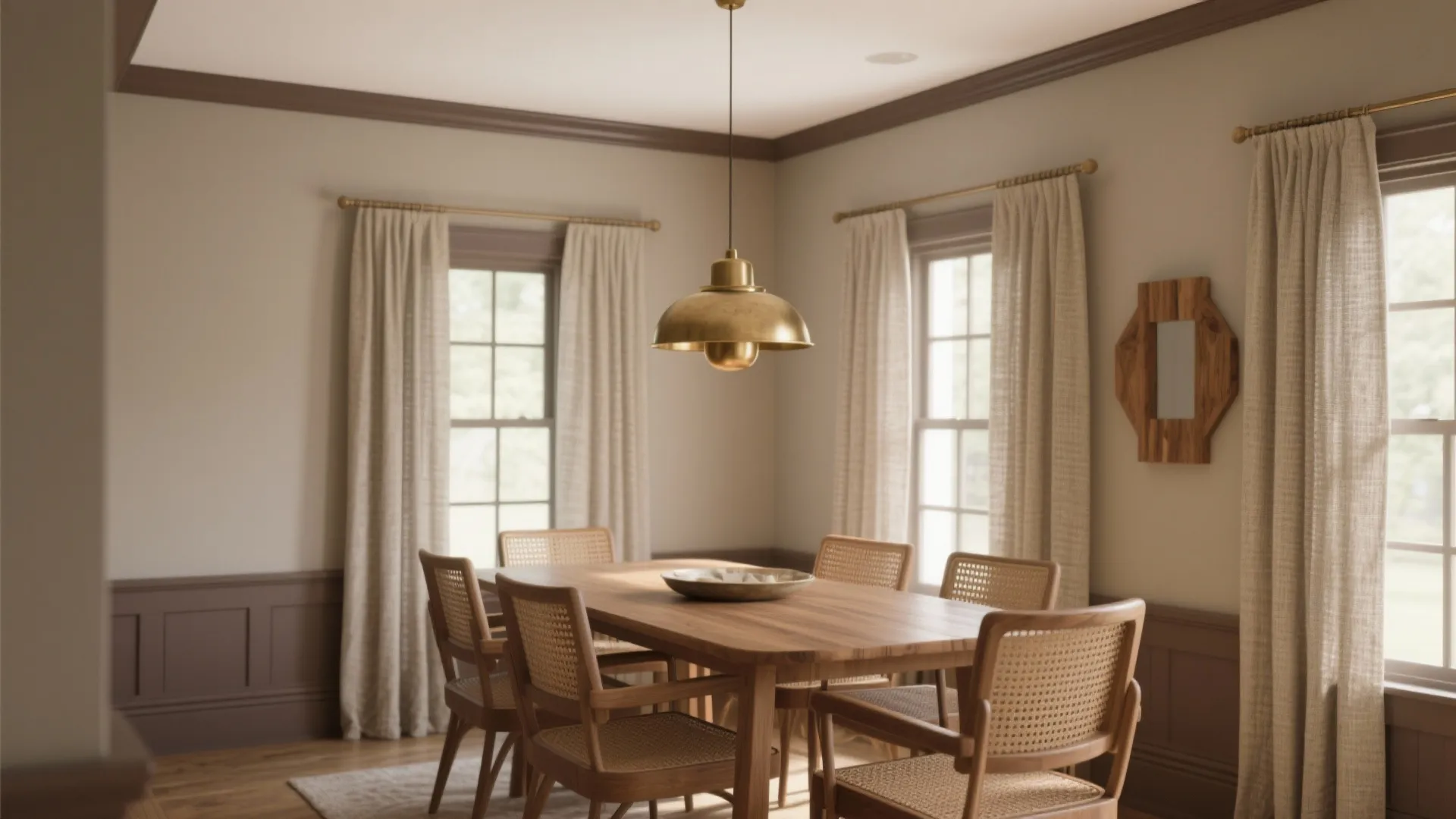 Dining room with a wooden table, woven chairs, gold ceiling light, curtains, and wall panels