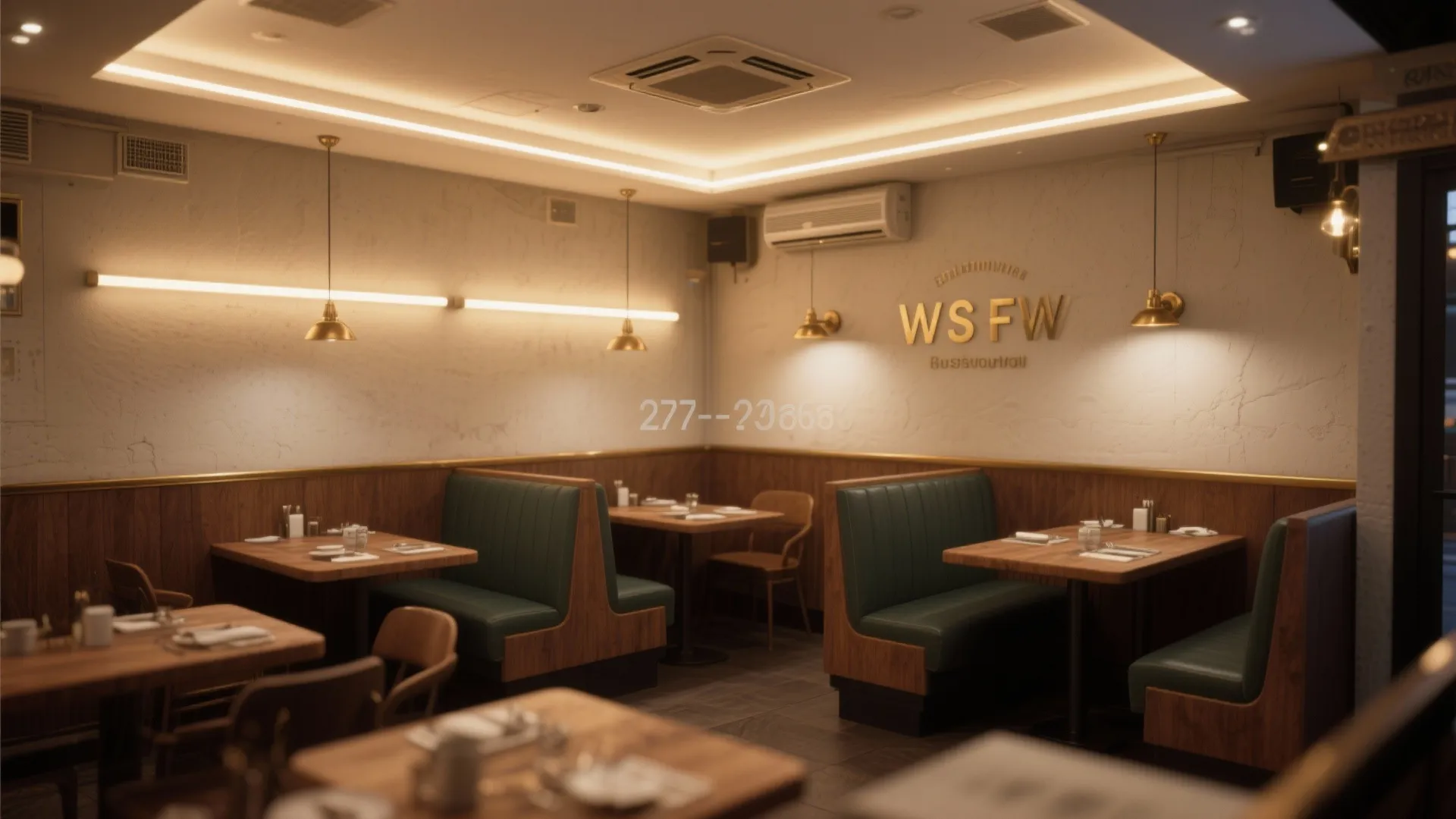 Small bistro with warm layered ambient coves and wall grazing for a cozy mood.
