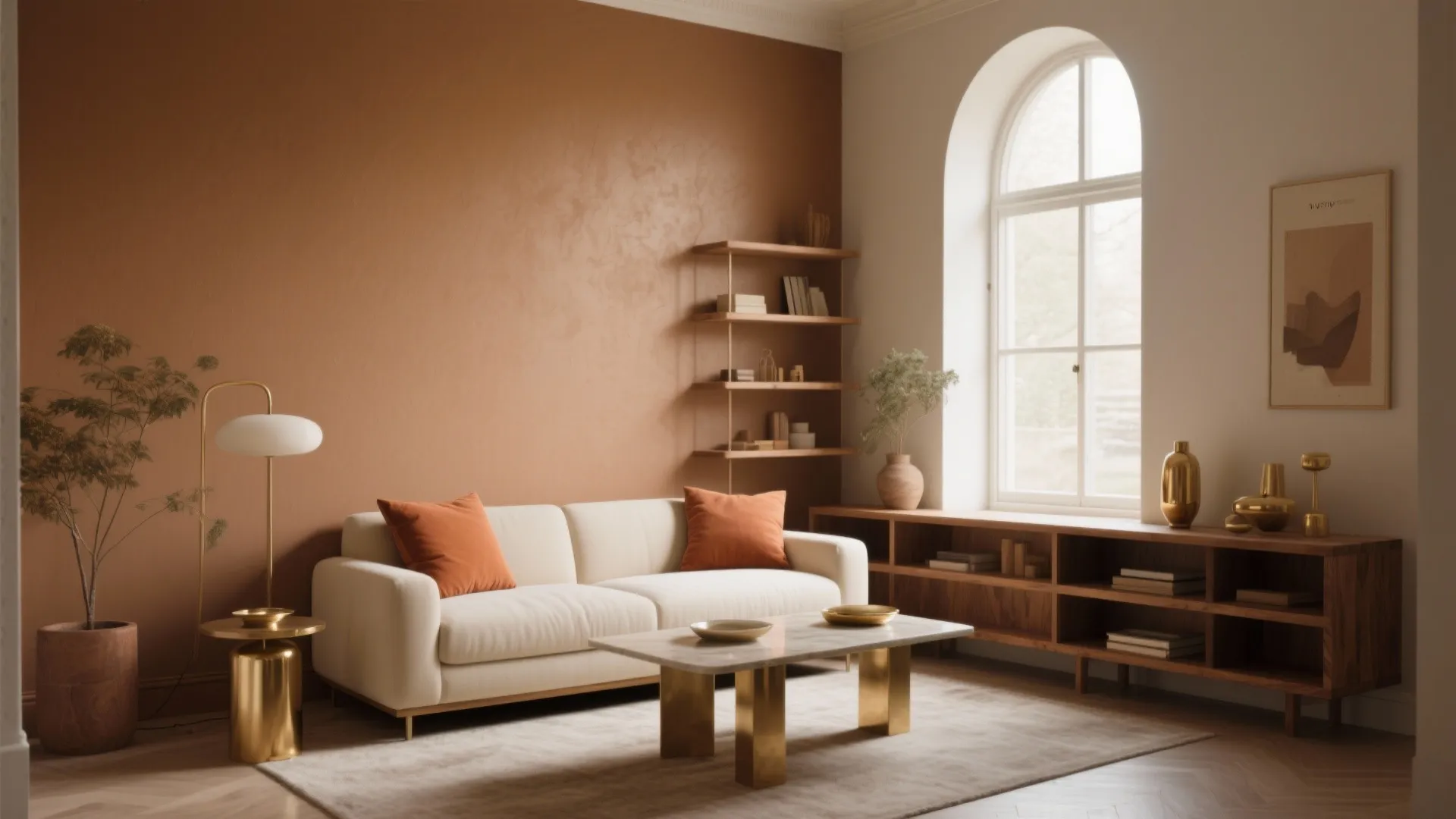 Cozy micro living room with warm light brown walls, cream and terracotta layers, and brass accents.