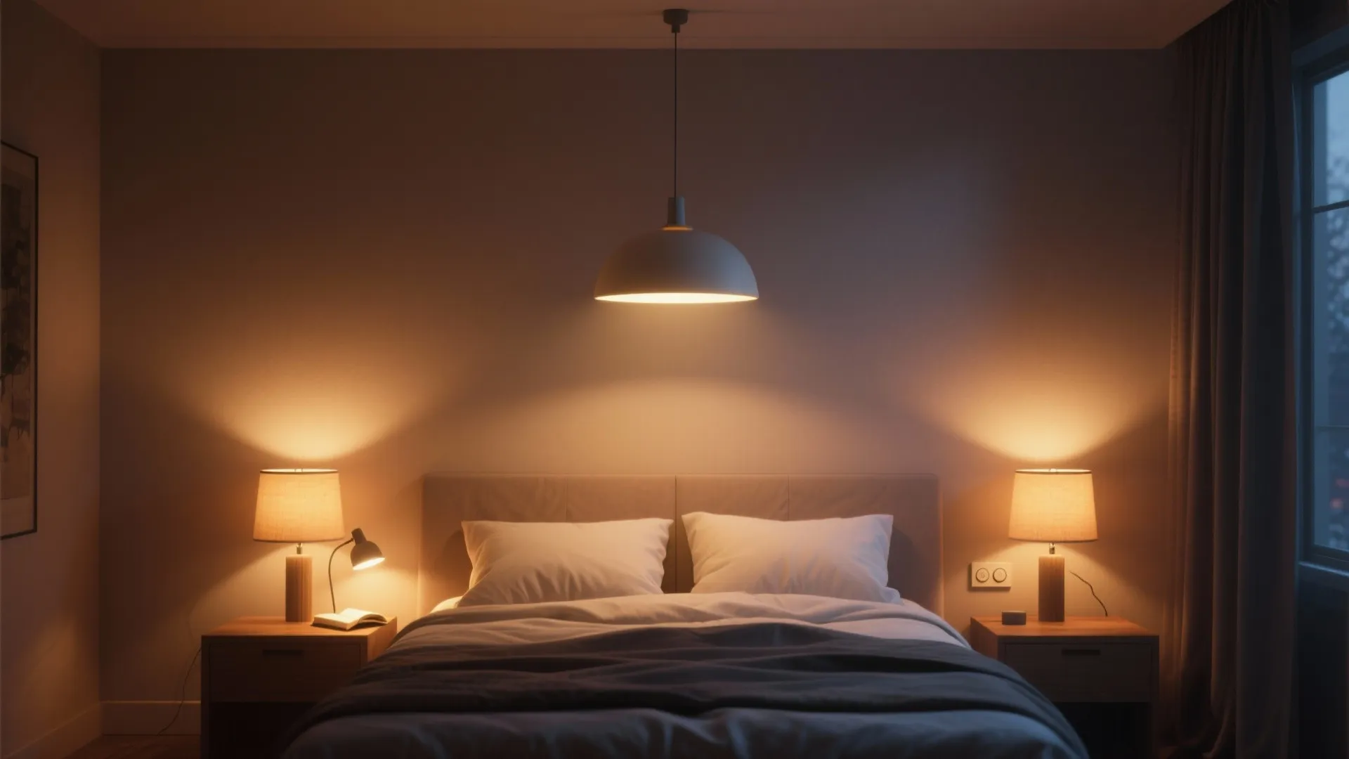 Small bedroom evening scene with pendant, bedside lamps, and reading light creating layered warm illumination