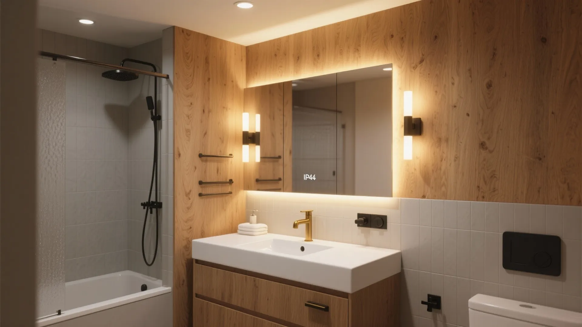 Warm materials and layered lighting for comfort