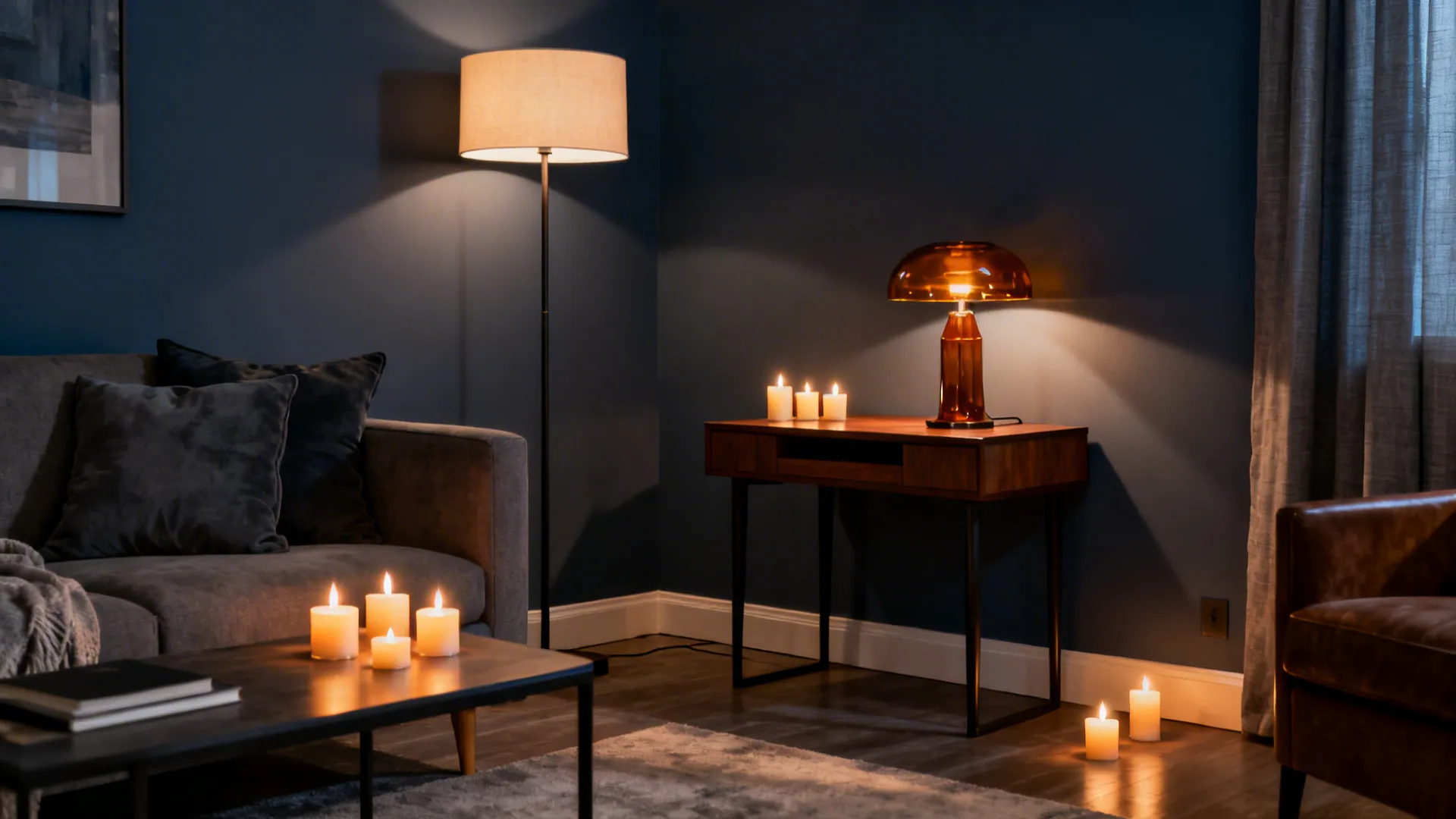 Hotel room with dimmable warm lamps, LED tea lights, and an amber glass shade creating intimate ambience.