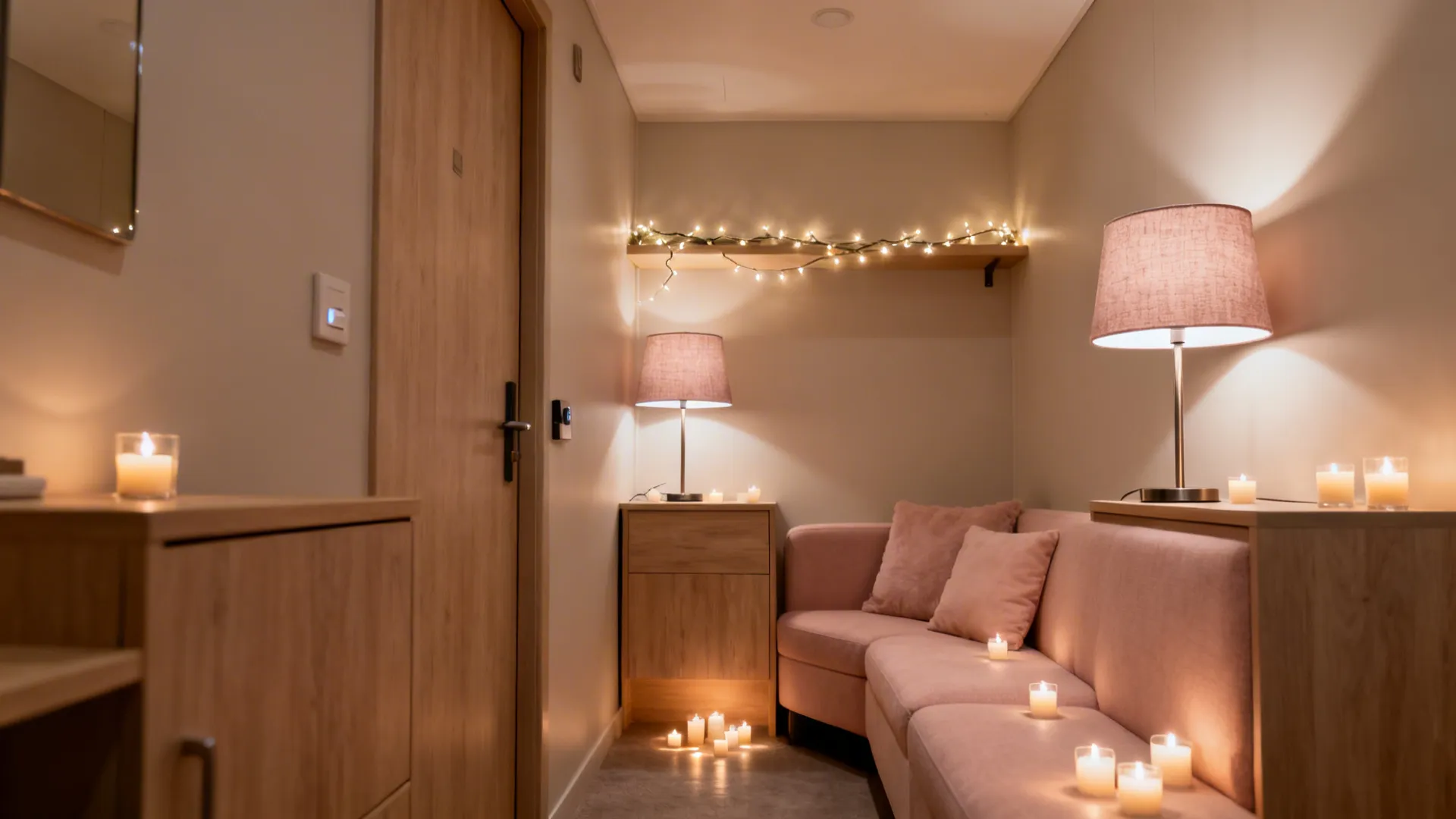 Small studio corner with string lights, dimmed lamps, and LED candles in warm 2700K glow.