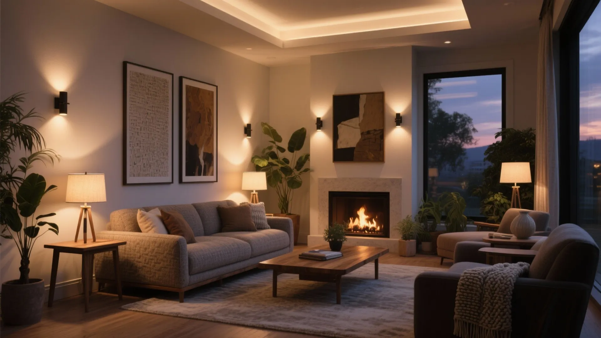 Warm living room with grey sofa wooden coffee table burning fireplace wall lights and plants