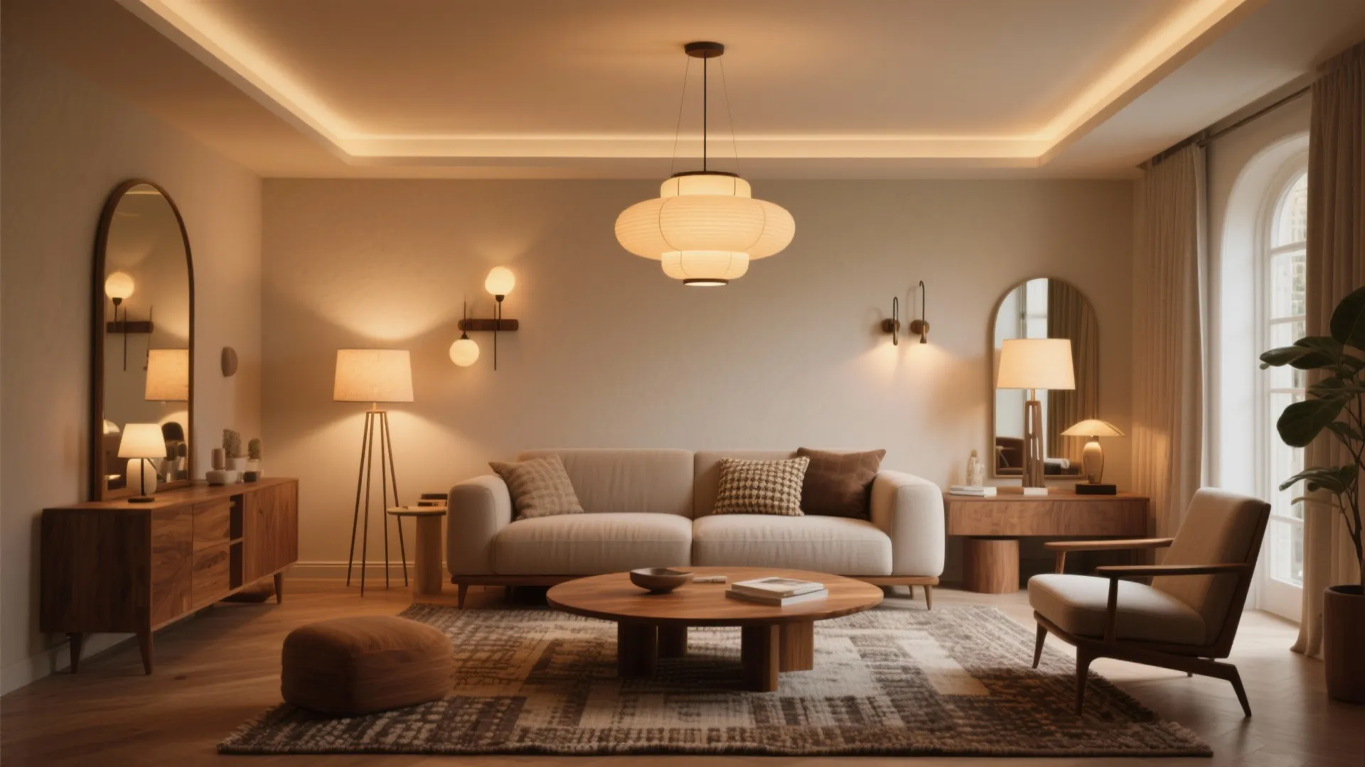 Warm living room with beige sofa round wooden coffee table ceiling light and soft ambient lighting