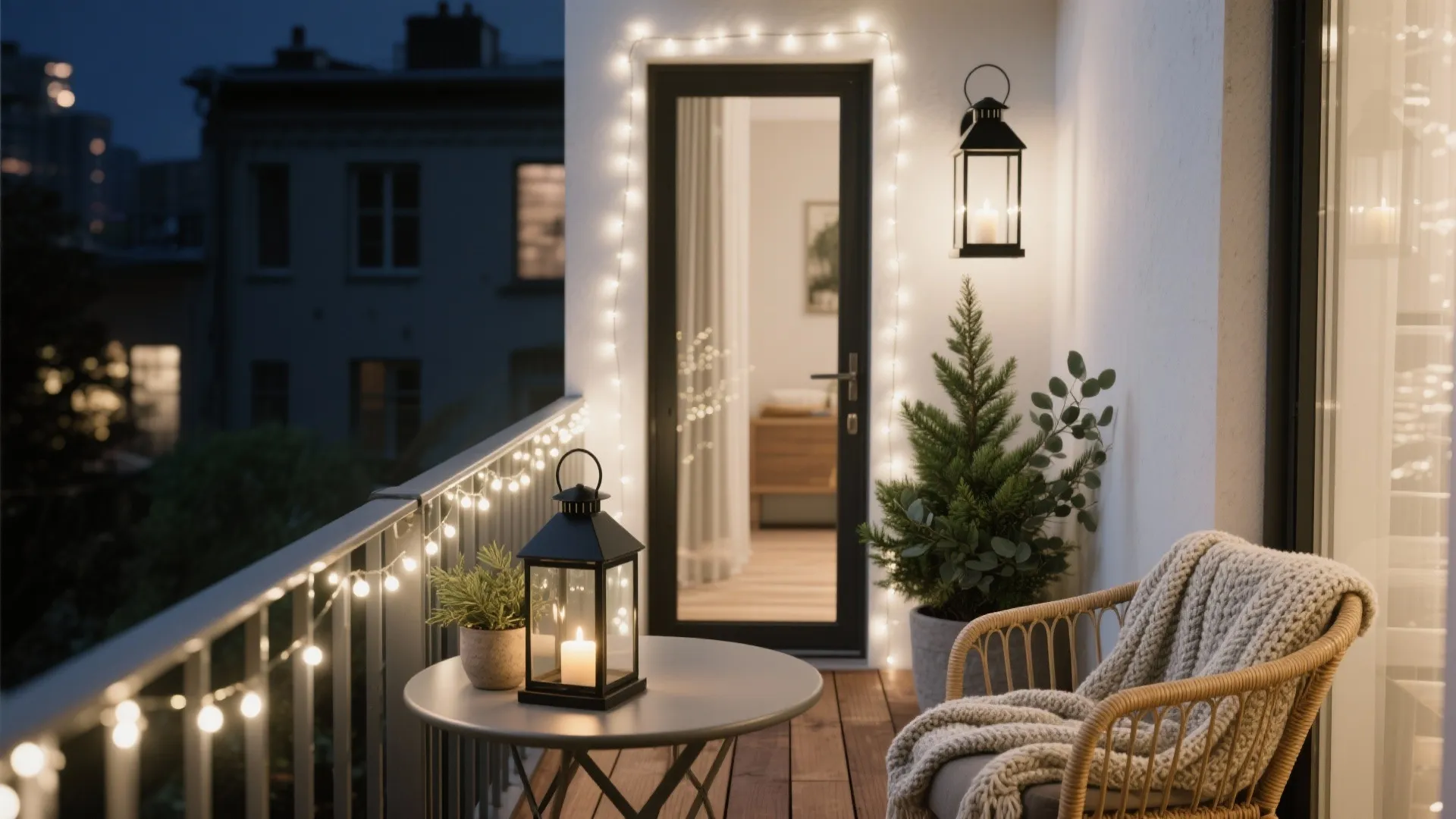 Layered warm white fairy lights and matte lanterns on a compact apartment balcony with a cozy LED candle.