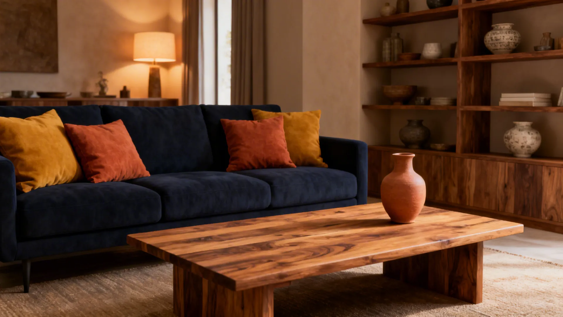 3. Warm Layering: Mustard, Terracotta, and Wood