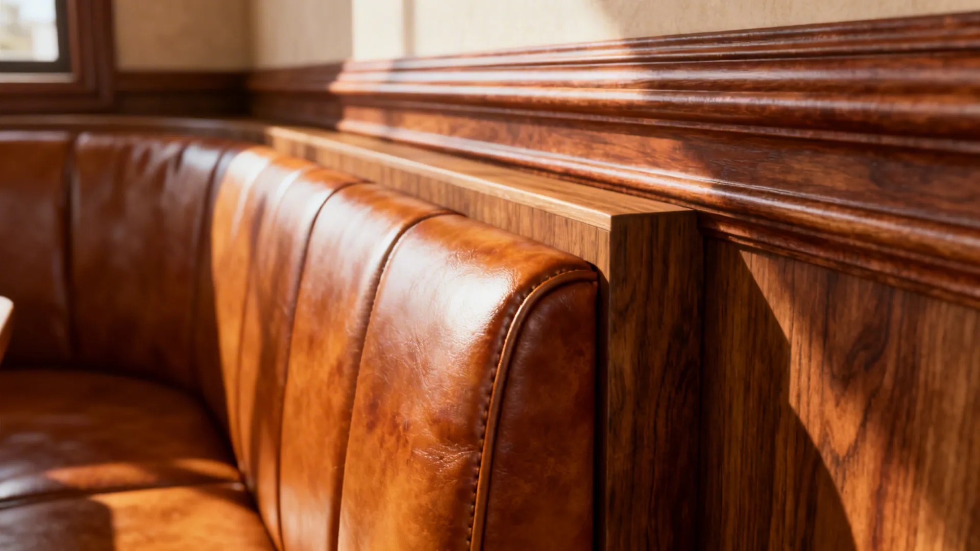 Warm cognac leather sofa details paired with wood finishes and classic molding