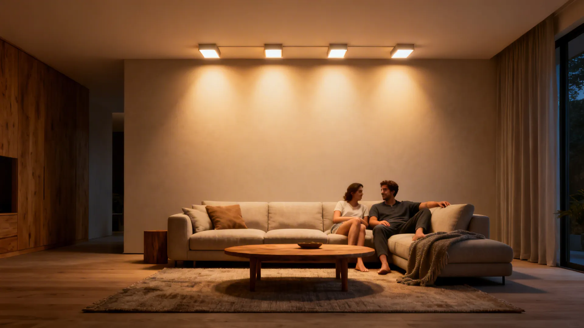 Cozy living room interior design drawing with warm ceiling lights over a sofa and wooden table