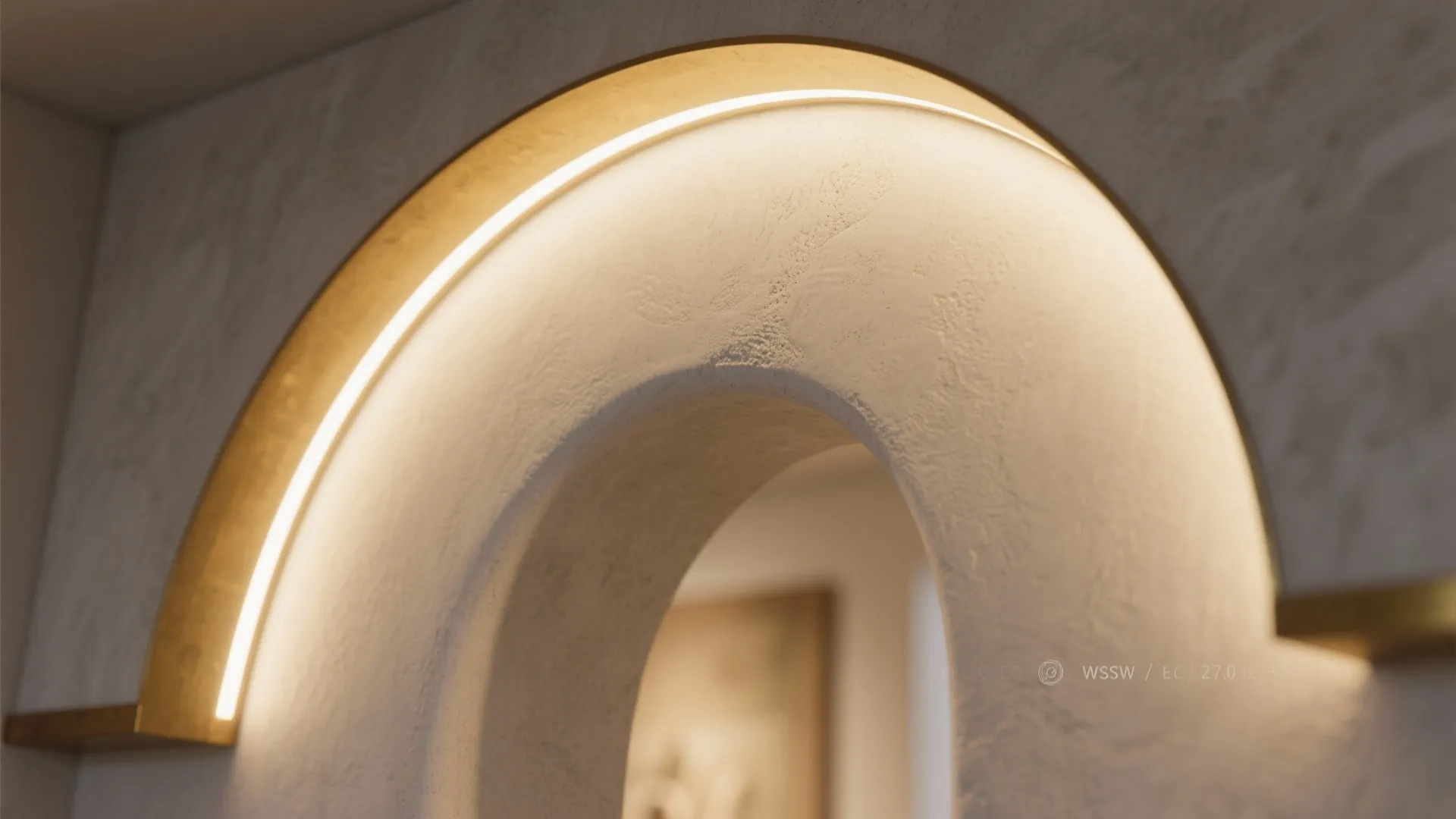 Close up view of a curved wall arch with warm hidden light strip and stone texture