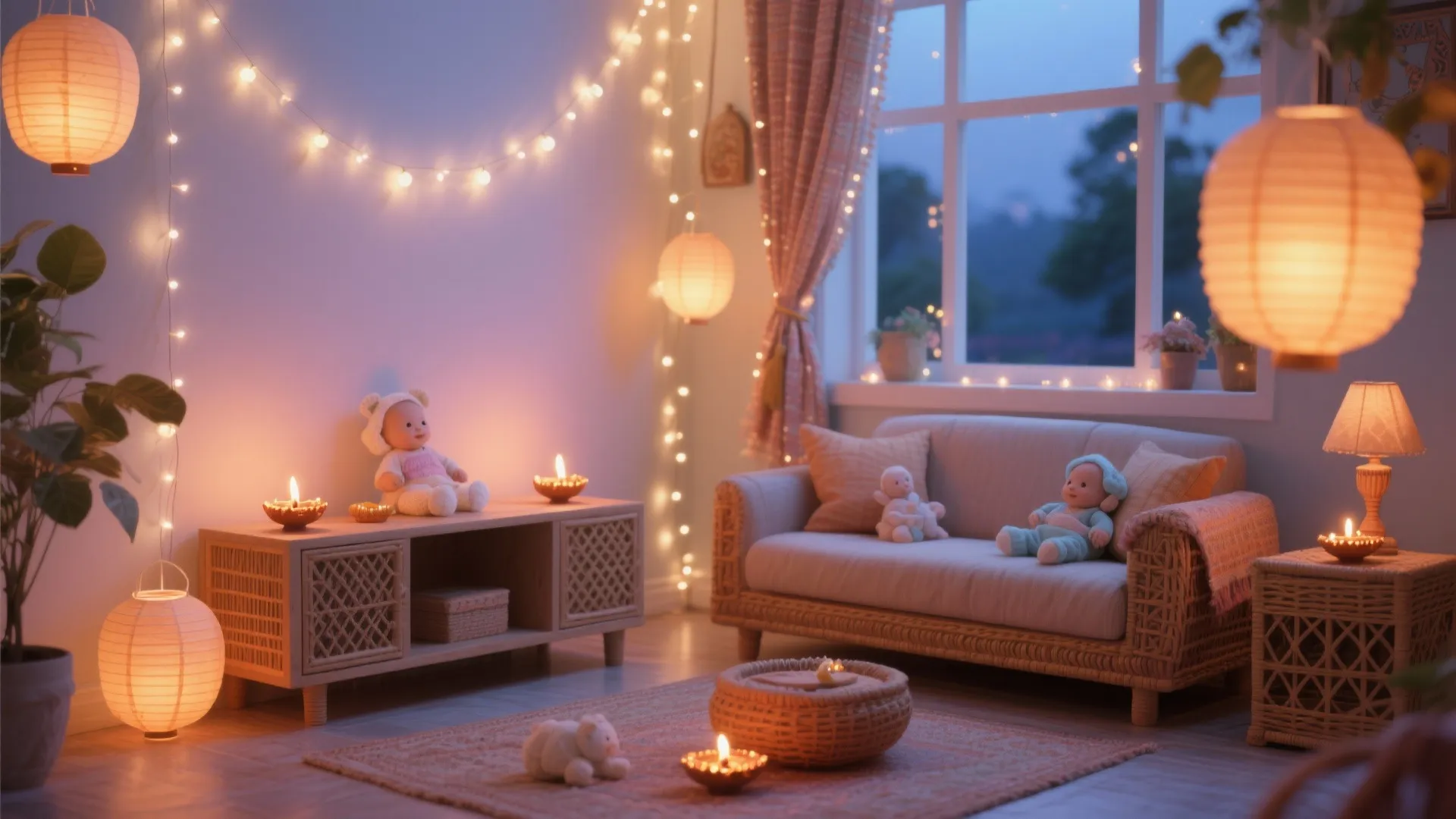 2) Low-Heat Lighting: Fairy Strings, Paper Lanterns, and LED Diyas