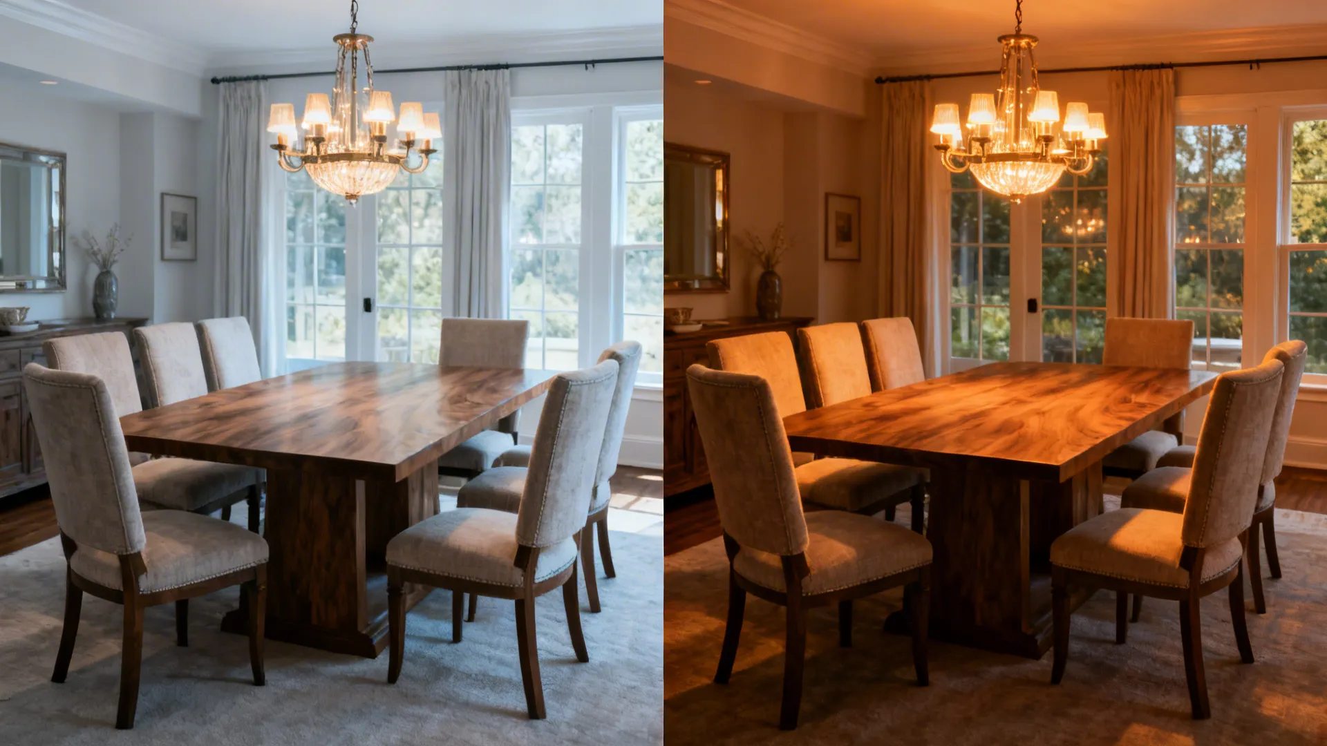 Dining room comparison showing cool 4000K vs warm 2700K dimmable LED light over a walnut table.