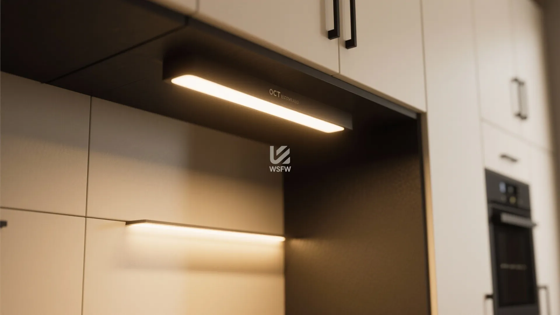 Close up of warm led light fixture installed under cream kitchen cabinets for workspace lighting