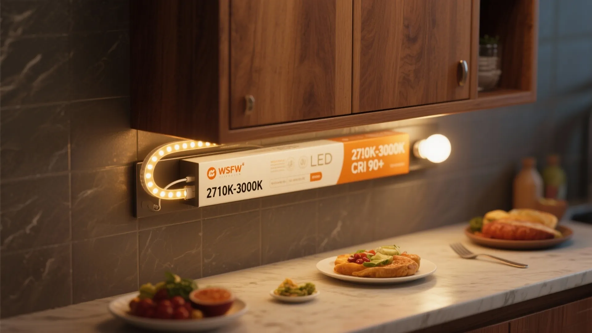 Close-up of warm LED strip under cabinet showing high CRI rendering of wood and food