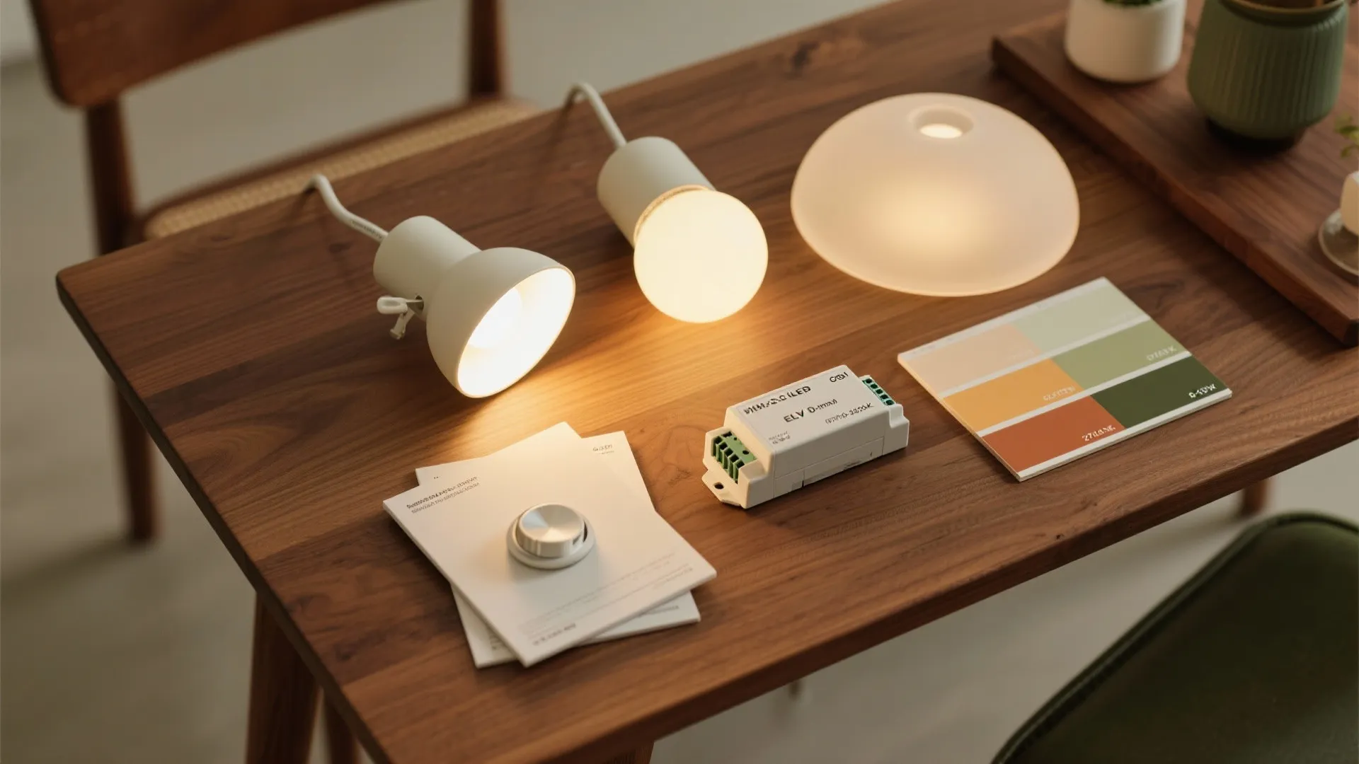 Wooden table with warm light bulbs color samples and electronic light control tools for interior design