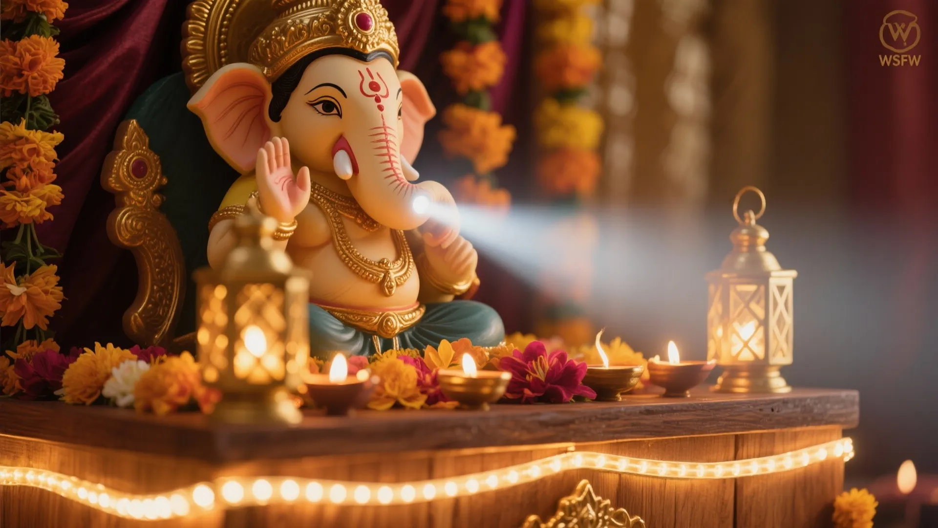 Small candles and flowers decorating a golden statue with warm light in a beautiful room layout
