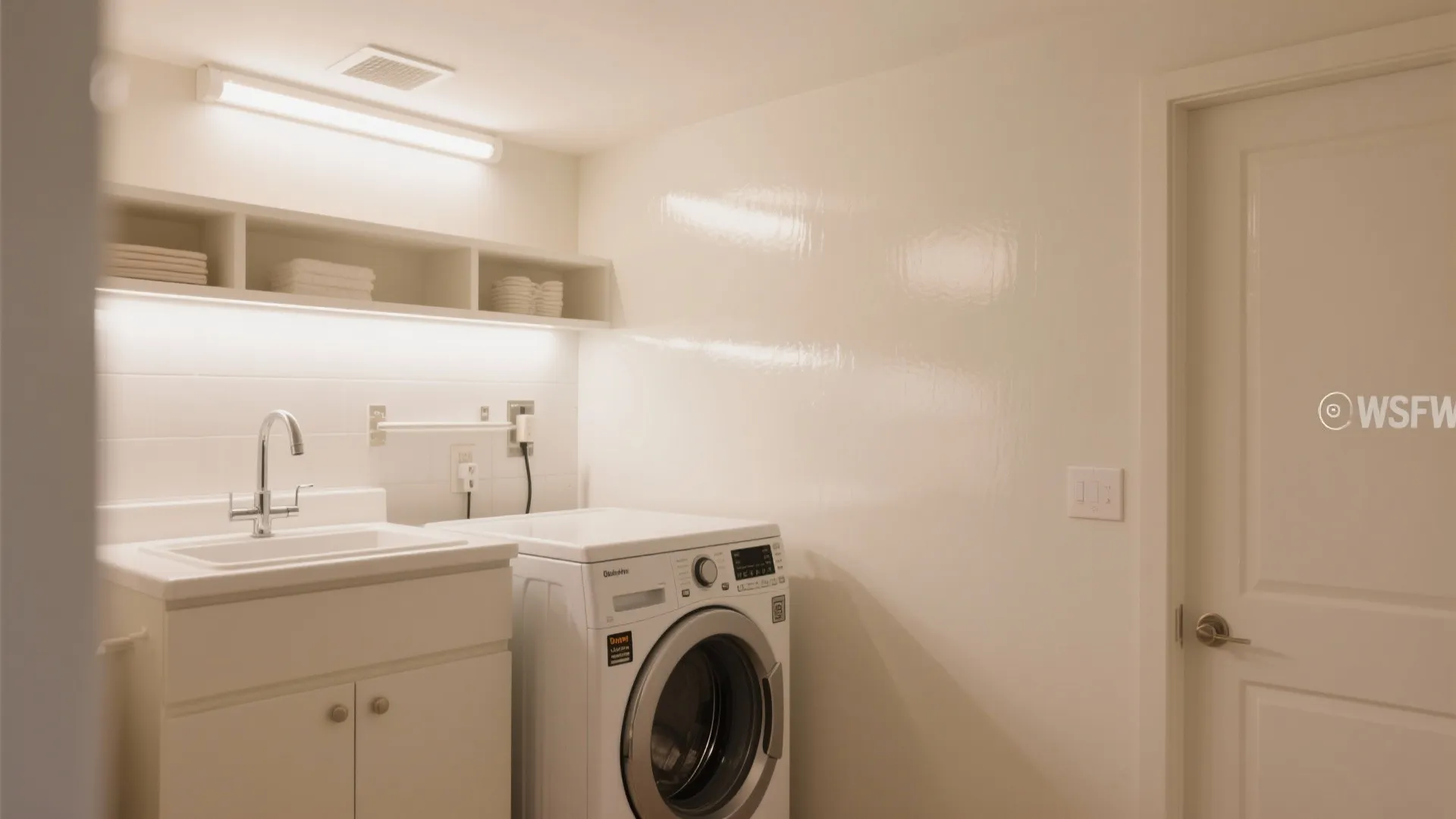 Modern laundry room featuring a white washing machine sink wall light shelves and warm lighting