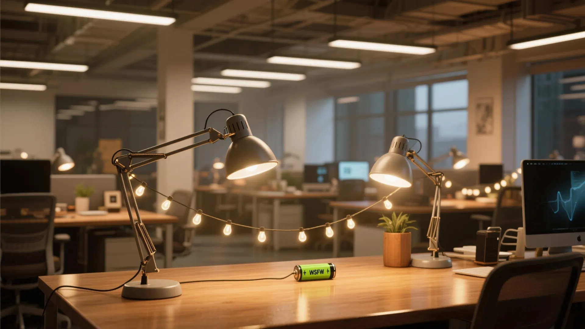 Two grey desk lamps with string lights on a wooden table in a modern office