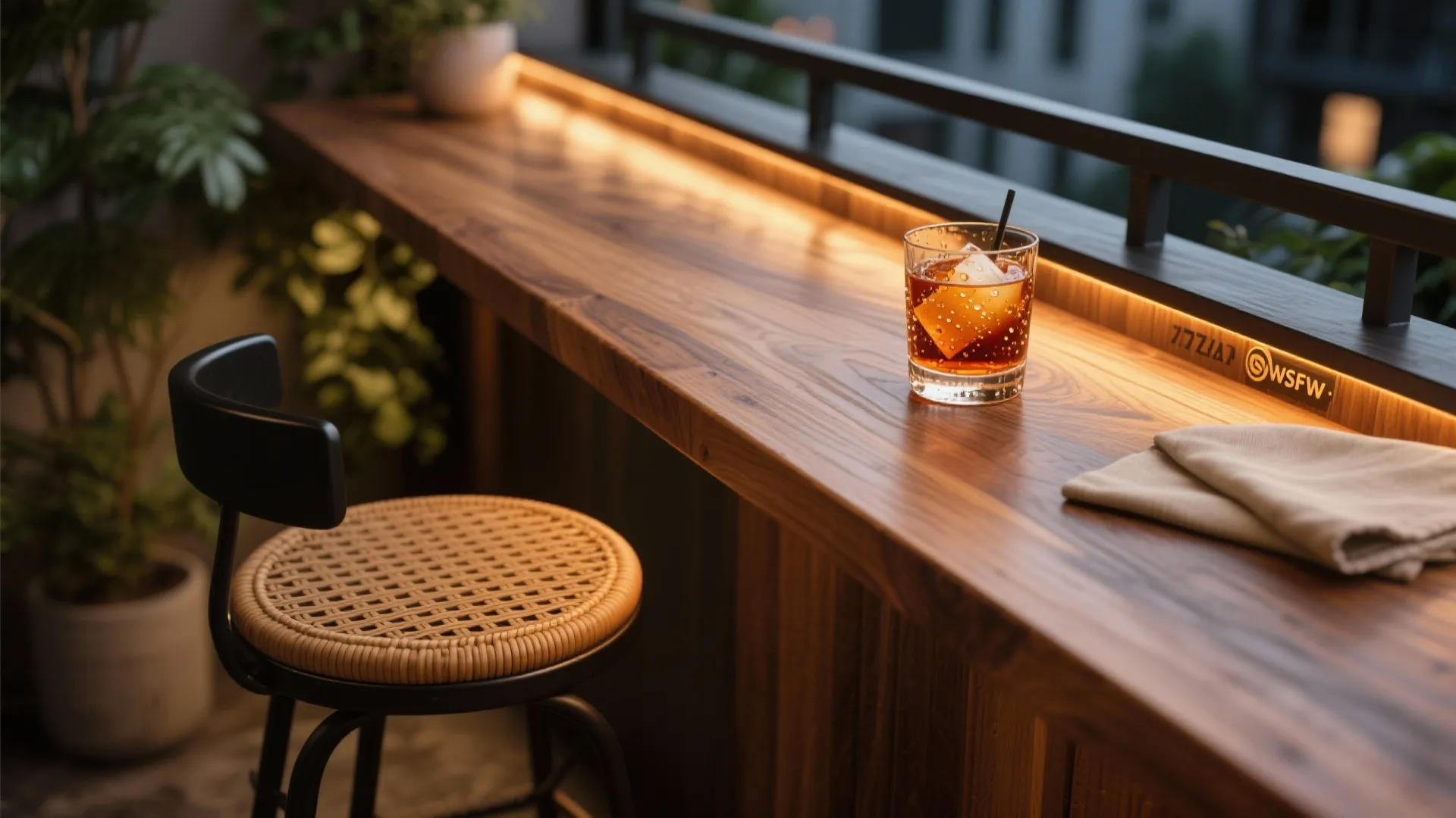 Macro of warm wood grain, rattan weave, and a soft 2700K LED glow on a balcony bar.