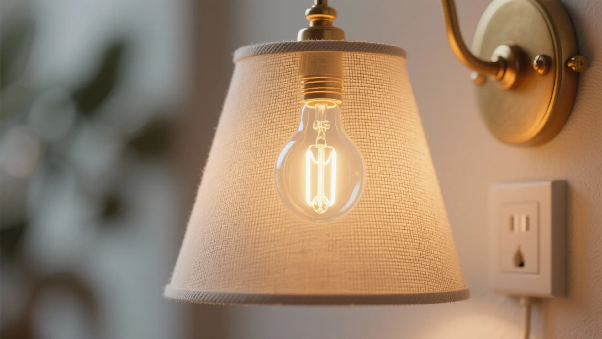 Macro of a warm LED bulb glowing through a linen lamp shade, with soft bokeh.