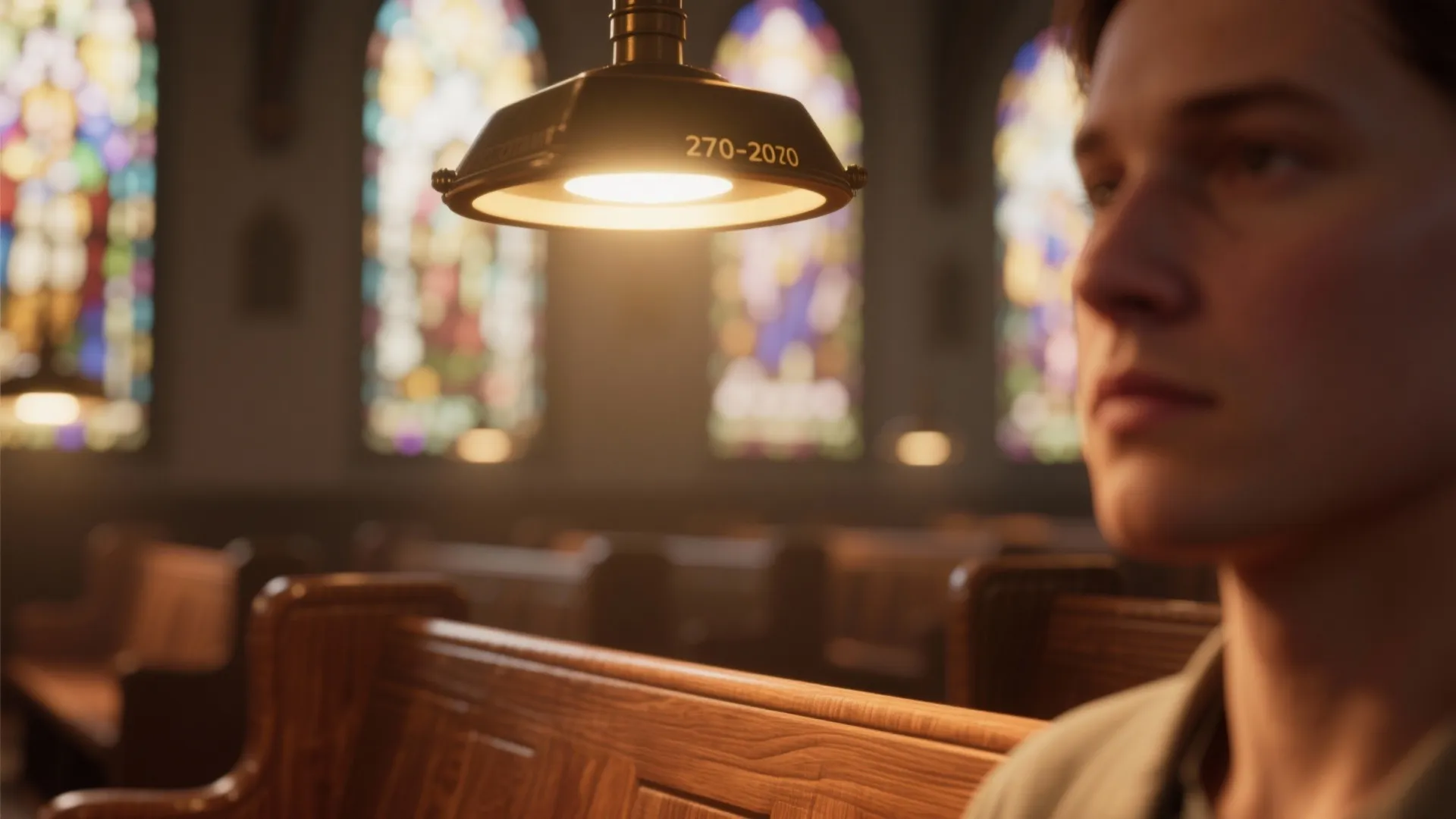 Close up of hanging ceiling light fixture in church with wooden pews and colored windows