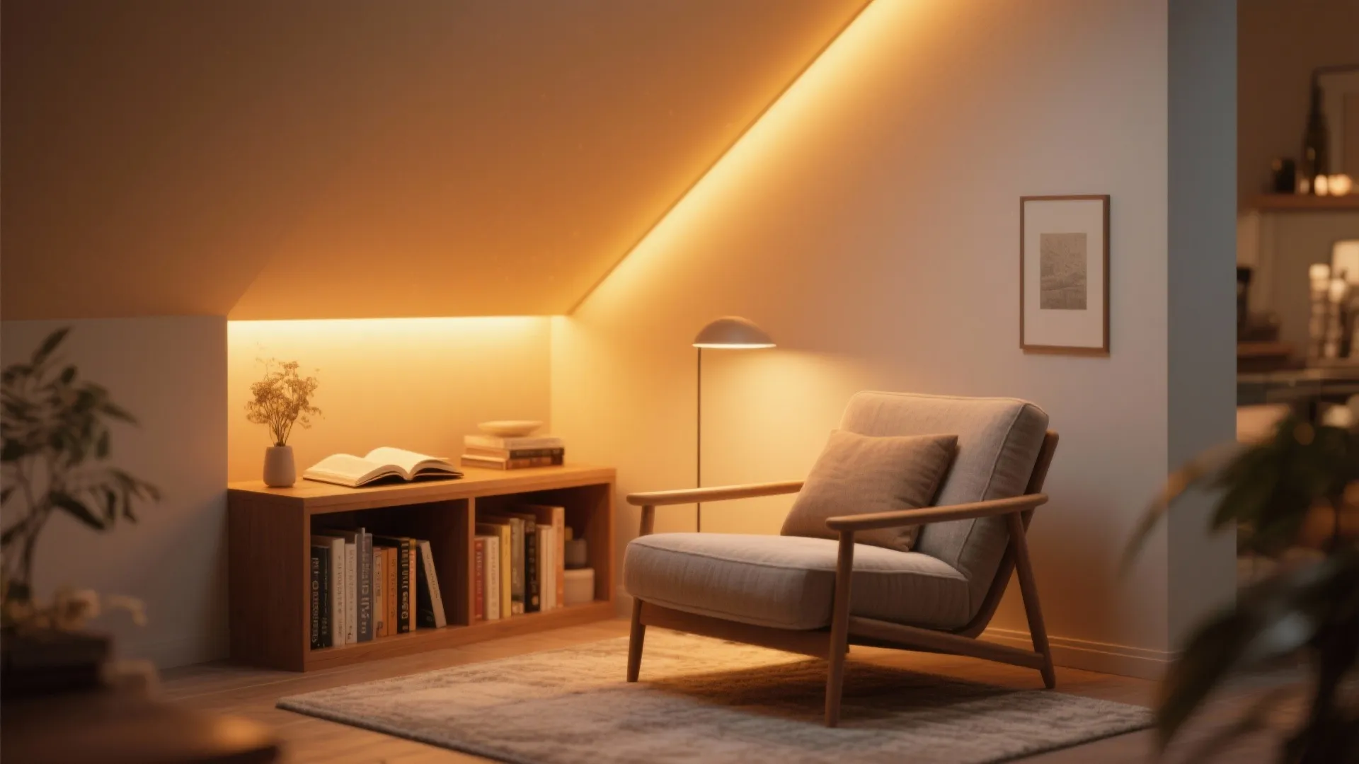Reading corner lit by a warm-amber recessed LED module creating a cozy glow.