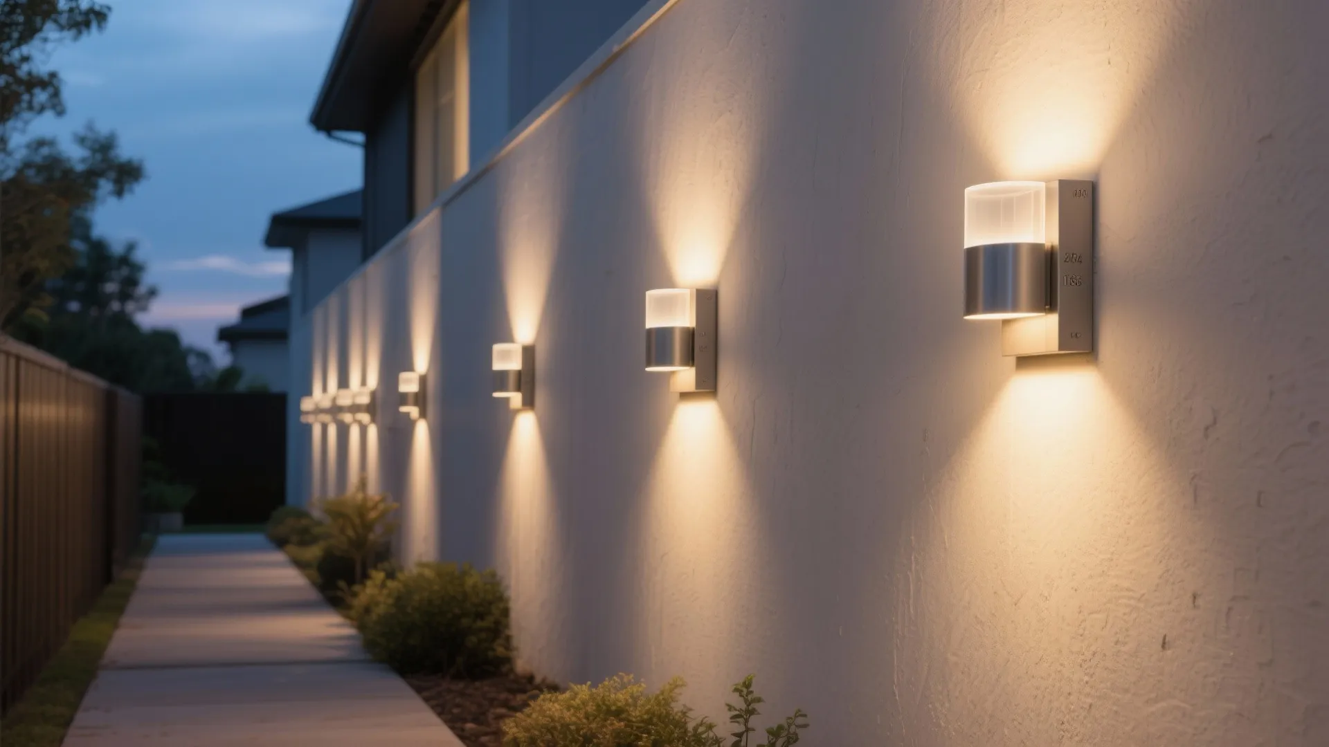 Row of modern silver wall lights mounted on white exterior wall along an outdoor garden path