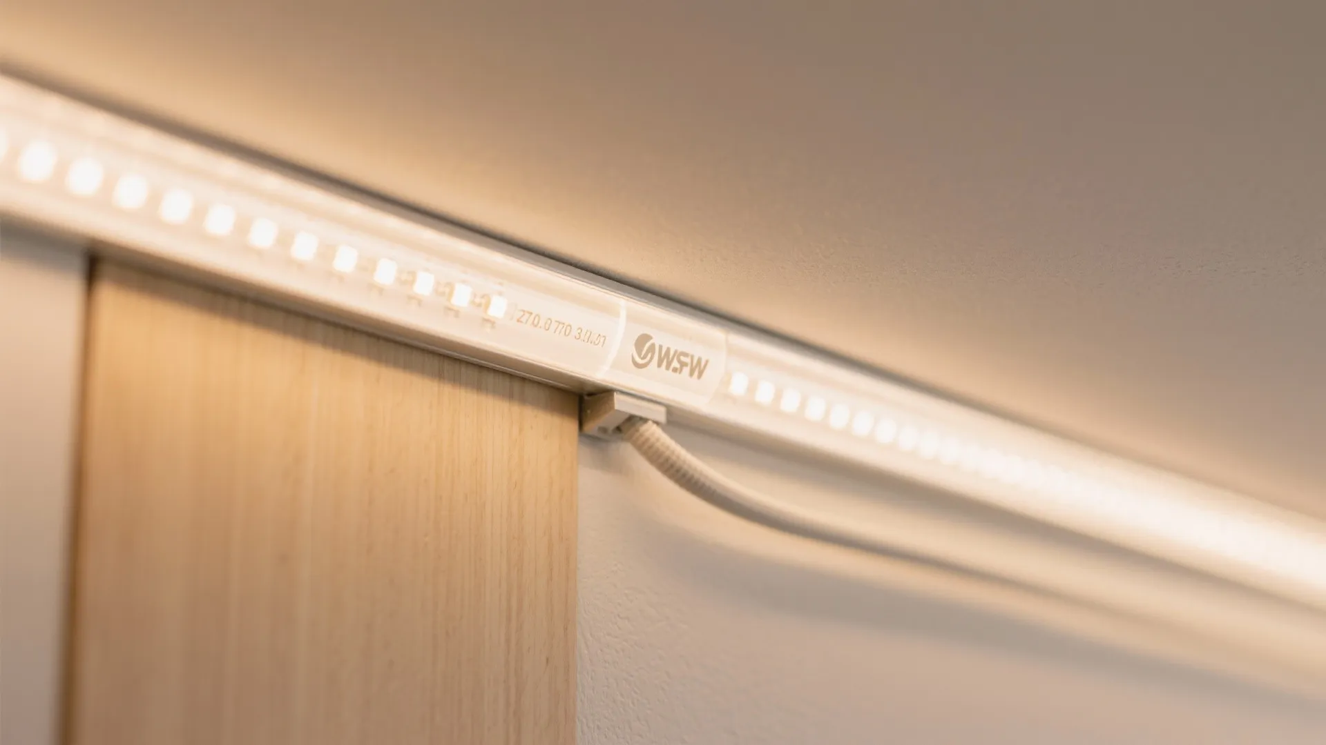 Close up of warm LED light strip installed along a white ceiling and wooden wall