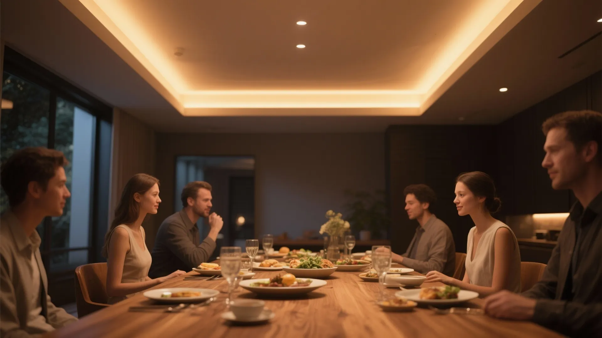 Warm LED recessed light casting a cozy glow over a wooden dining table and food.