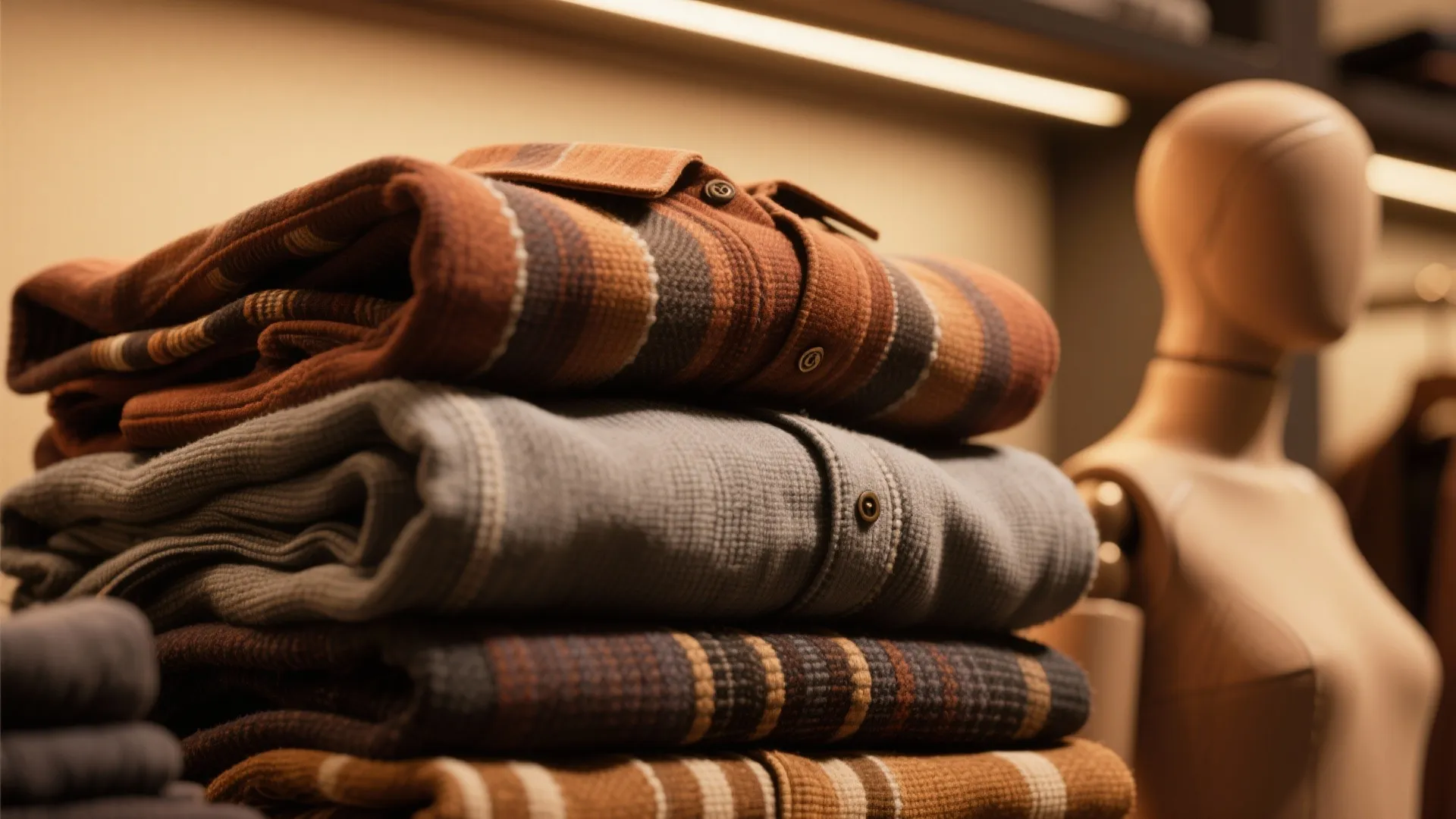 Neatly folded striped and solid shirts stacked on shelf with warm lighting and mannequin head background