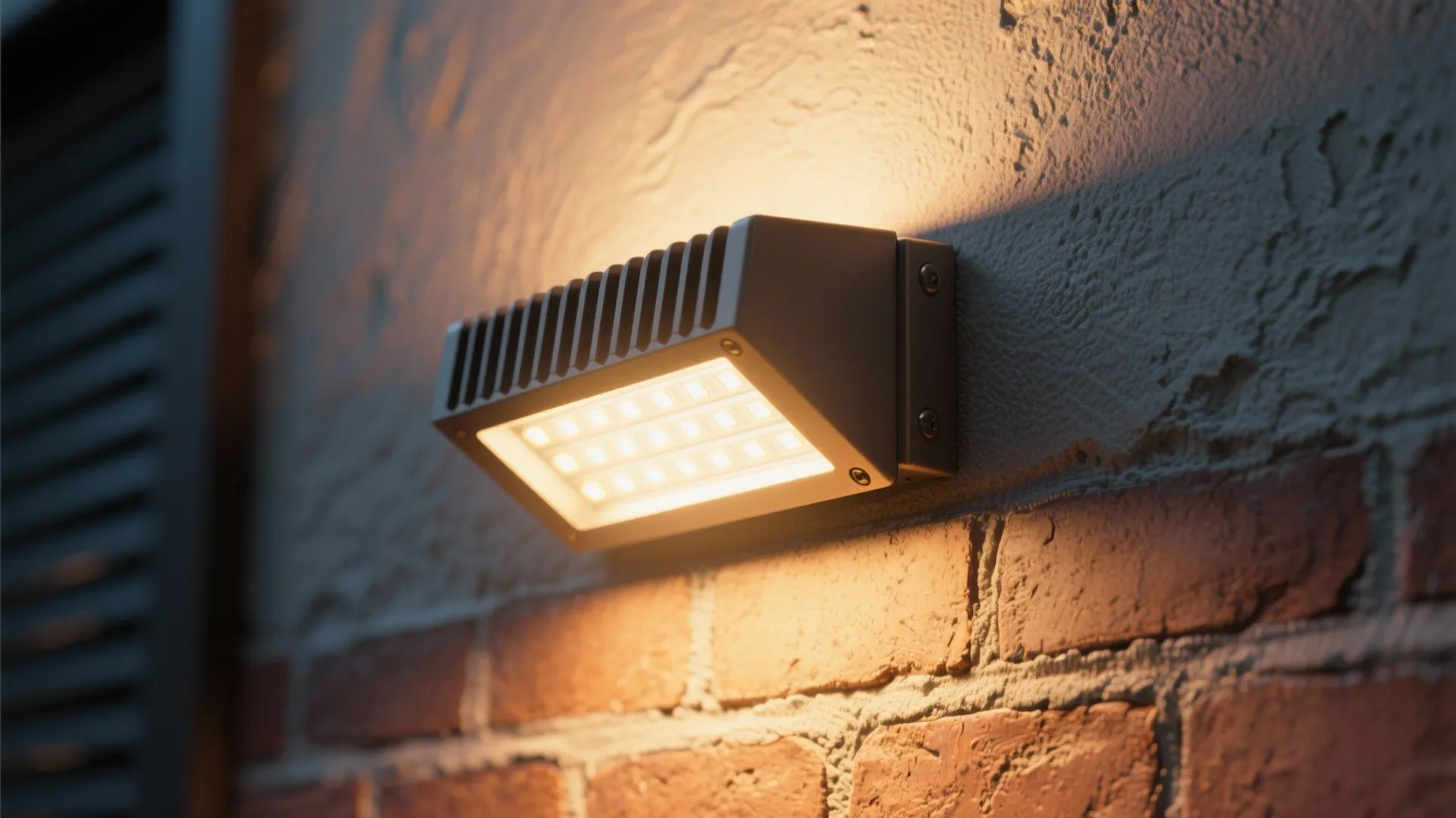 Warm LED wall light mounted on a textured brick wall providing bright yellow outdoor home lighting