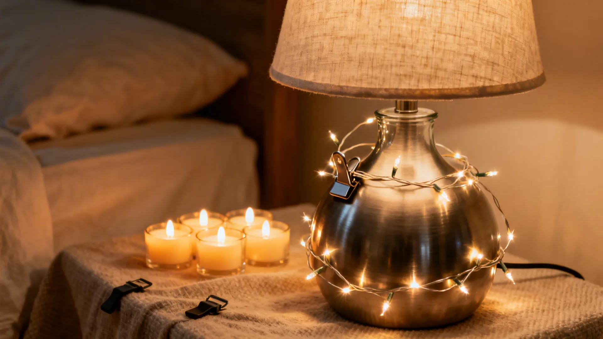 Table lamp with string lights and small burning candles on a bedside table with warm light