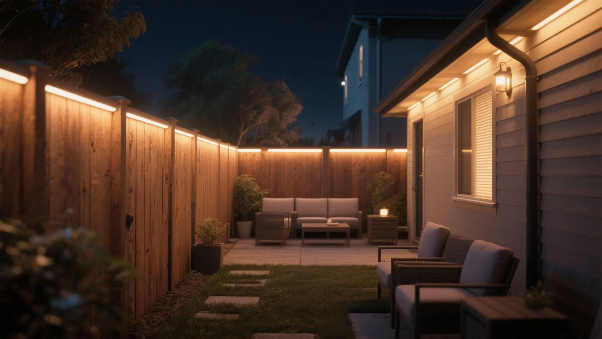 Night view of a backyard with warm light strips on a wooden fence and sofa