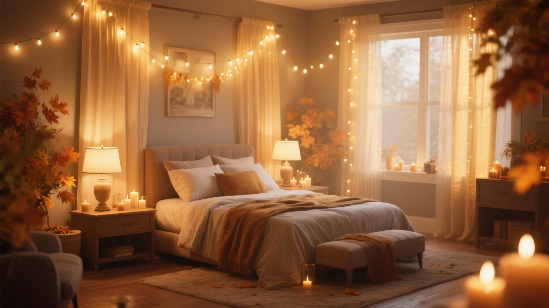 Warm bedroom with string lights, candles, wooden nightstand, soft bedding, and orange autumn leaf decorations