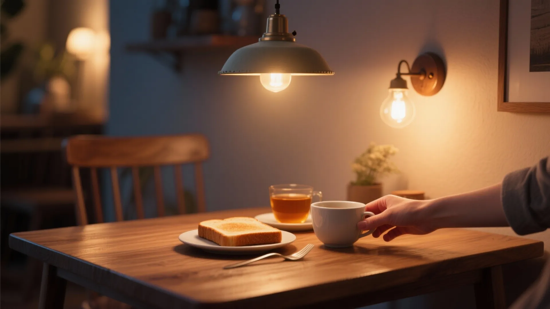 Cozy dining table with toast and tea under a warm ceiling light and wall light